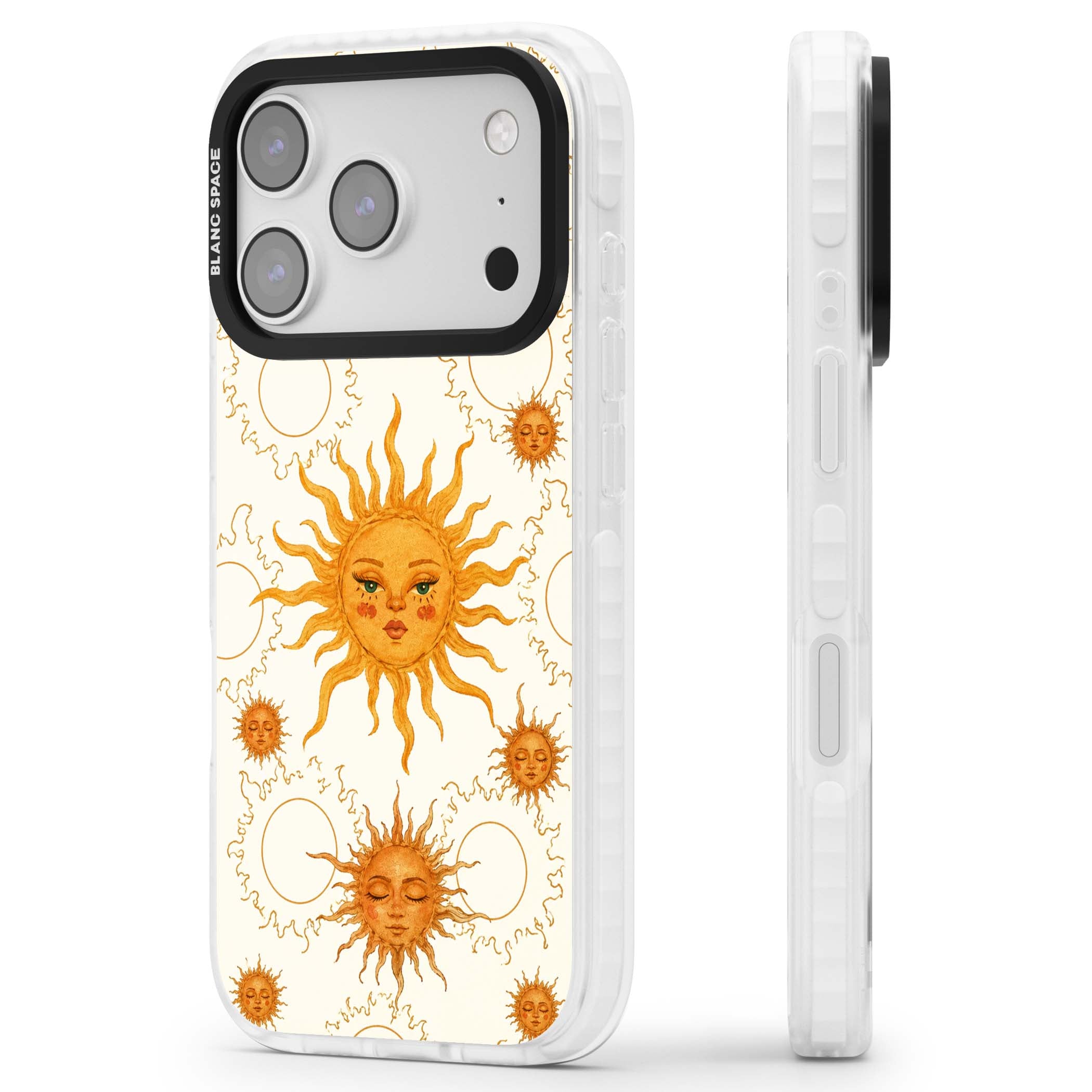 Solstice Muse celestial iPhone case featuring hand-painted golden sun faces, closed-eye sun goddesses and outlined moons... | Impact Magsafe case for iPhone 17 Pro, iPhone 17 Pro Max