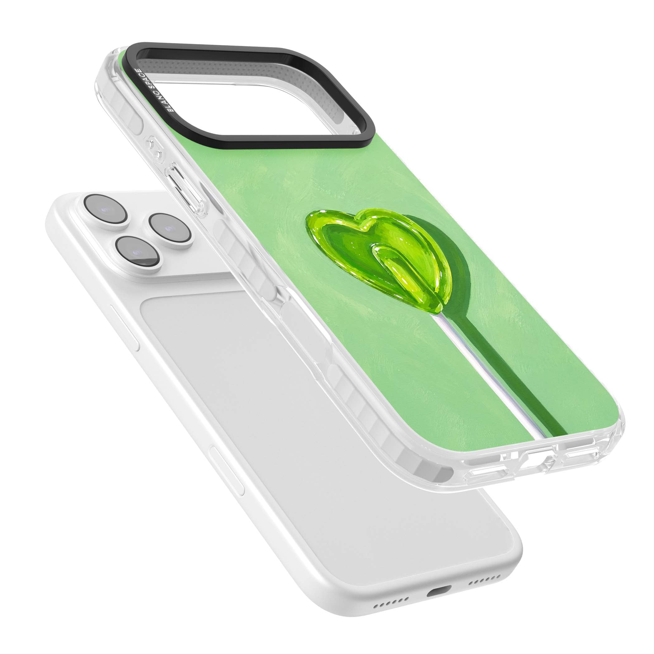Green Lollipop candy art iPhone case featuring a glossy green heart-shaped lollipop on a painted pastel green background | Impact Magsafe case for iPhone 17 Pro, iPhone 17 Pro Max