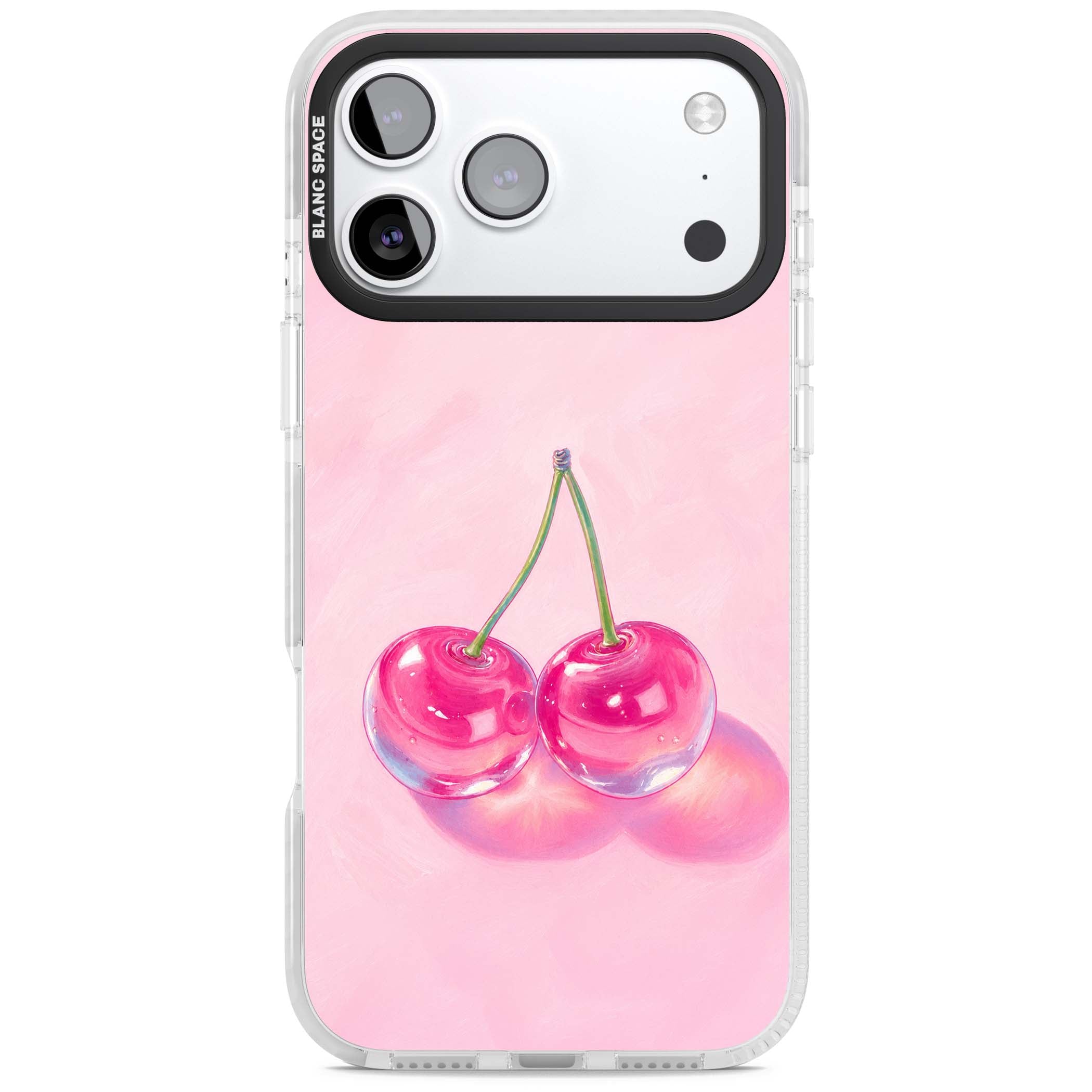 Pink Glass Cherry coquette iPhone case featuring two glossy painted cherries on a soft pink background | Impact Magsafe case for iPhone 17 Pro, iPhone 17 Pro Max