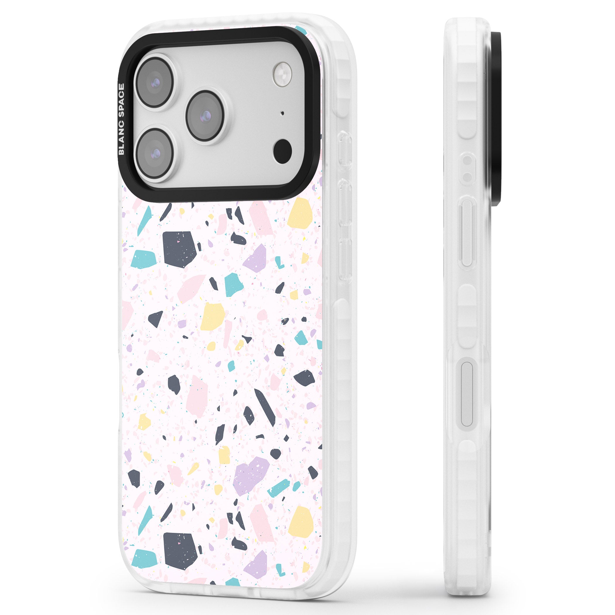 Pink, Purple & Turquoise Terrazzo Pattern iPhone 17 Pro Impact Pro Clear Phone Case Side Profile