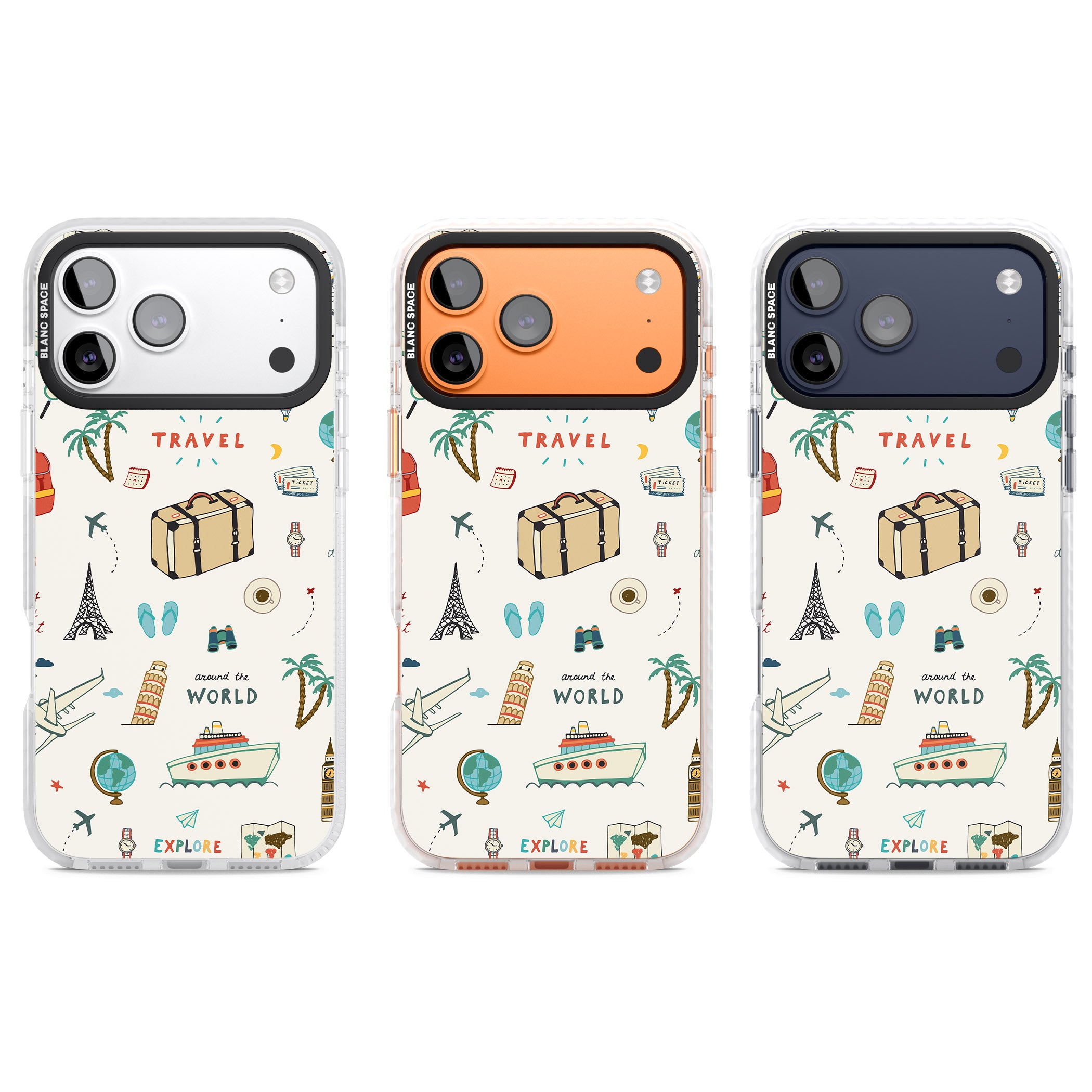 Cute Travel Pattern Cream iPhone 17 Pro Impact Pro Clear Phone Case APT Impact Protection