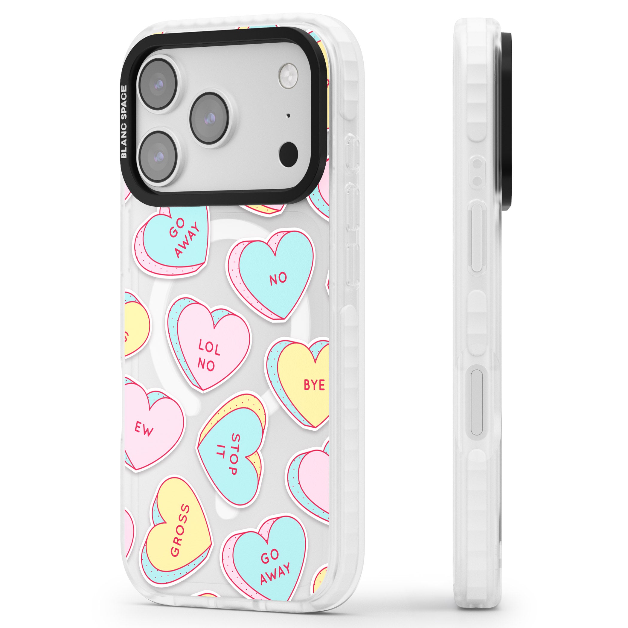 Sarcastic Love Hearts iPhone 17 Pro Impact Pro Clear Phone Case Side Profile