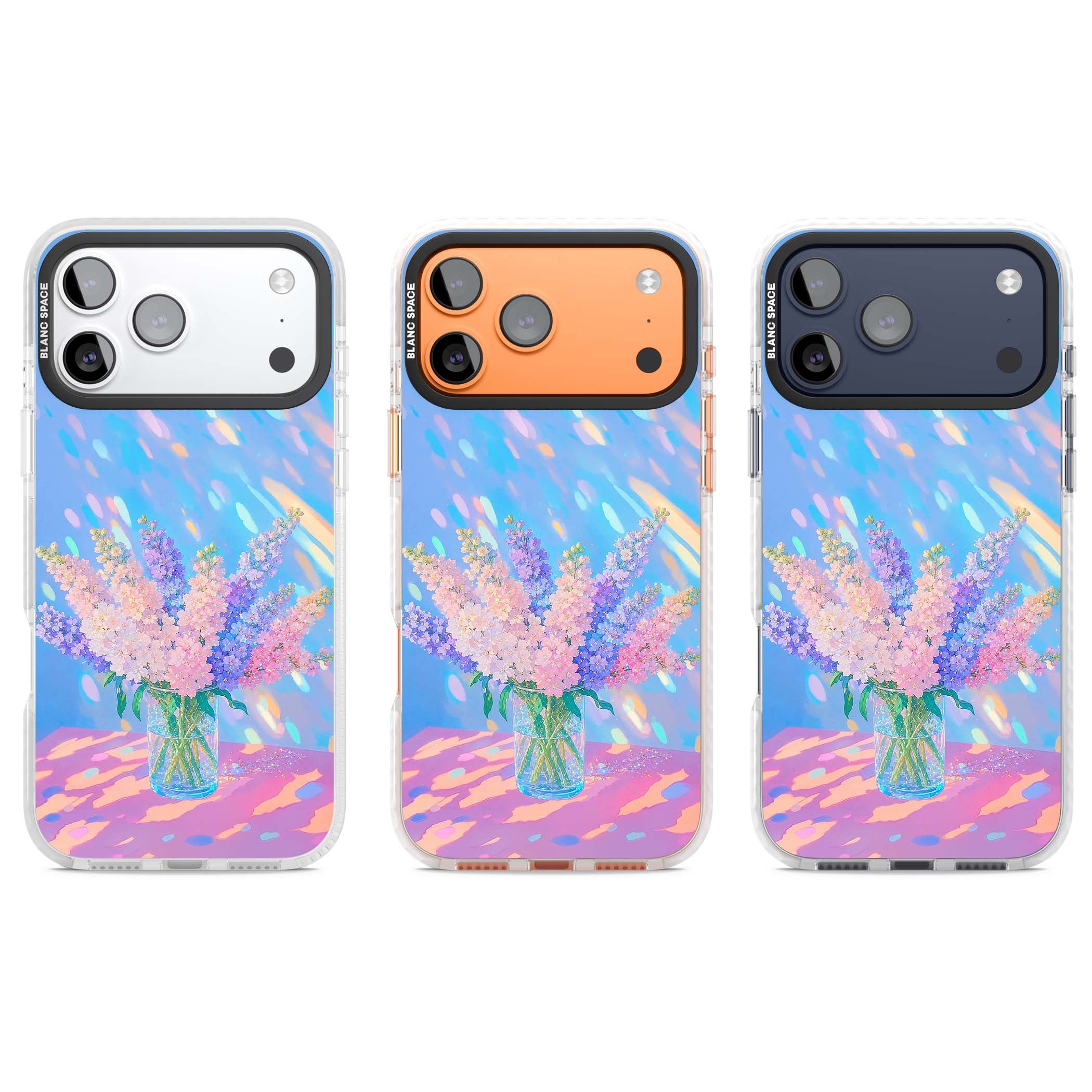 Bubblegum Flowers floral iPhone case featuring pastel lilac and pink bouquet in a glass vase with iridescent light | Impact Magsafe case for iPhone 17 Pro, iPhone 17 Pro Max
