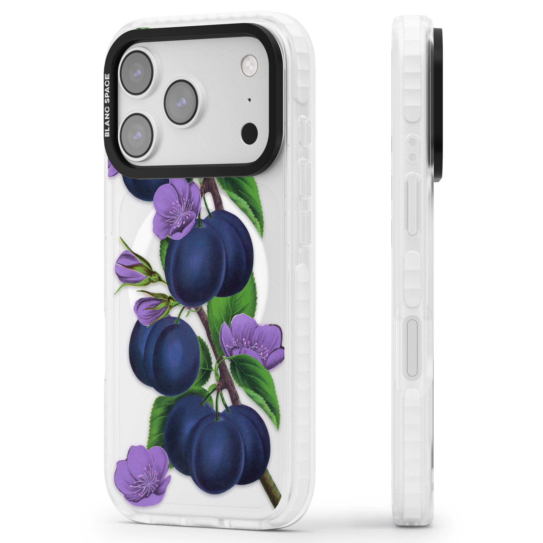 Vintage Painted Plums iPhone 17 Pro Impact Pro Clear Phone Case Side Profile