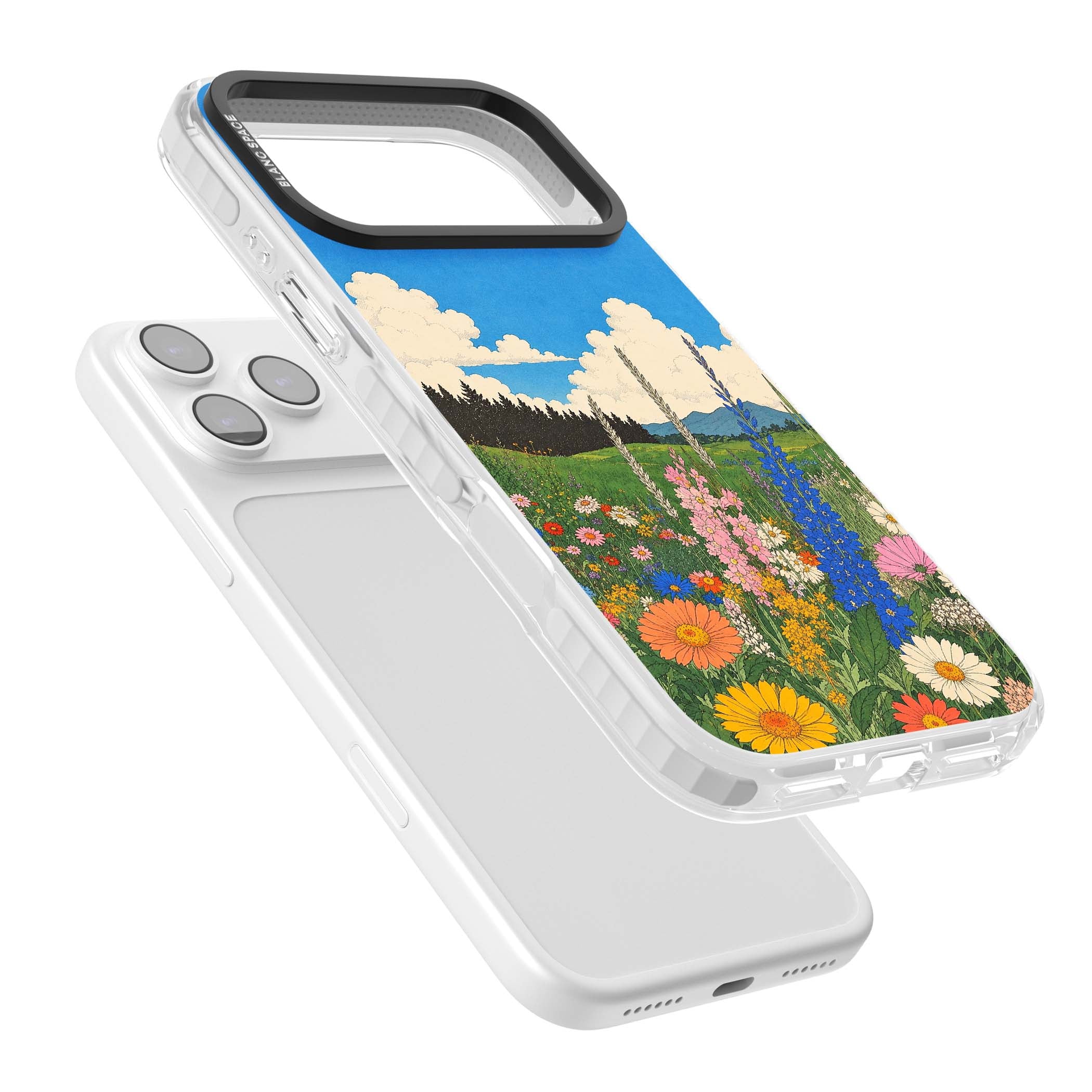 Wildbloom wildflower iPhone case featuring a vintage Japanese-style meadow landscape with daisies, delphiniums and moun | Impact Magsafe case for iPhone 17 Pro, iPhone 17 Pro Max