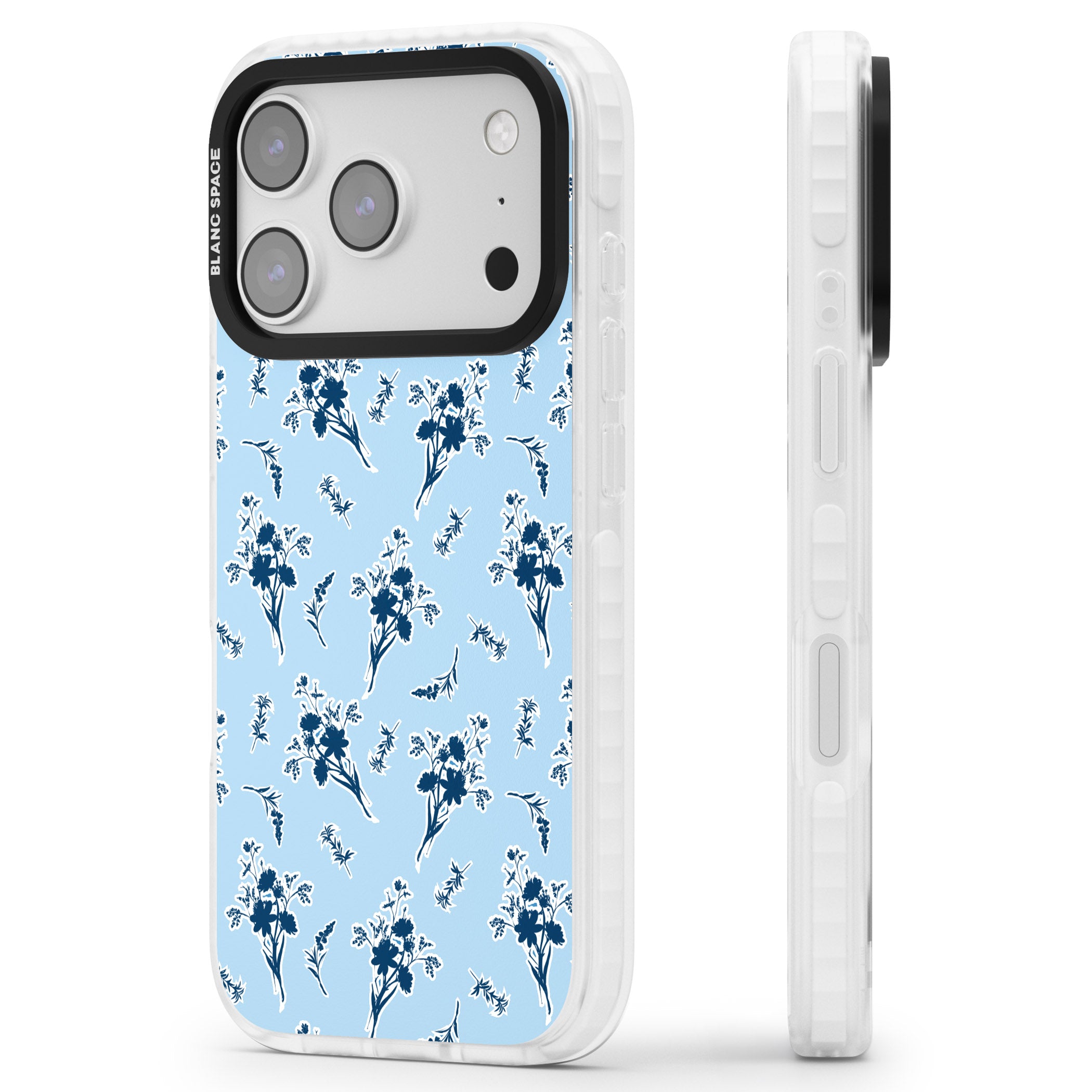 Blue Sticker Wildflowers iPhone 17 Pro Impact Pro Clear Phone Case Side Profile