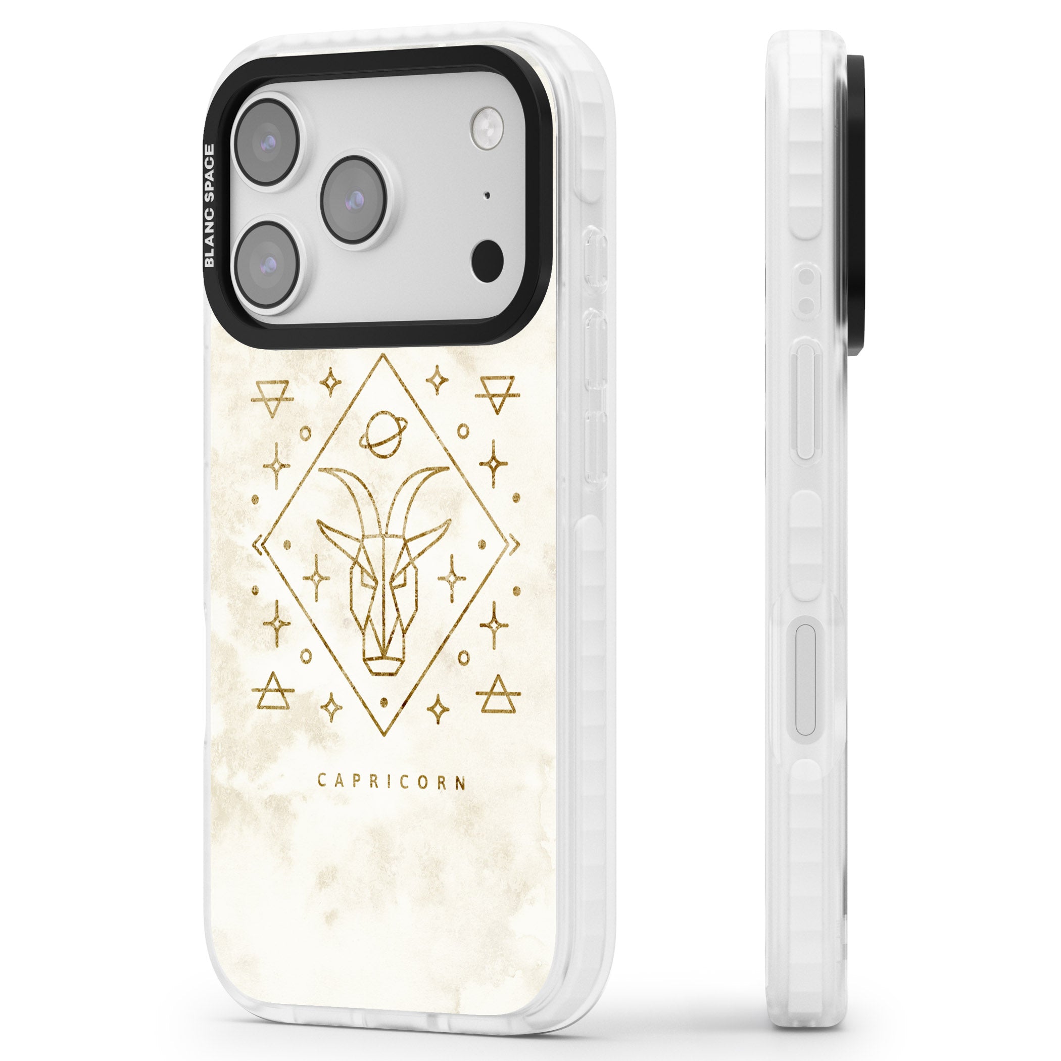 Capricorn Gold Zodiac Design iPhone 17 Pro Impact Pro Clear Phone Case Side Profile