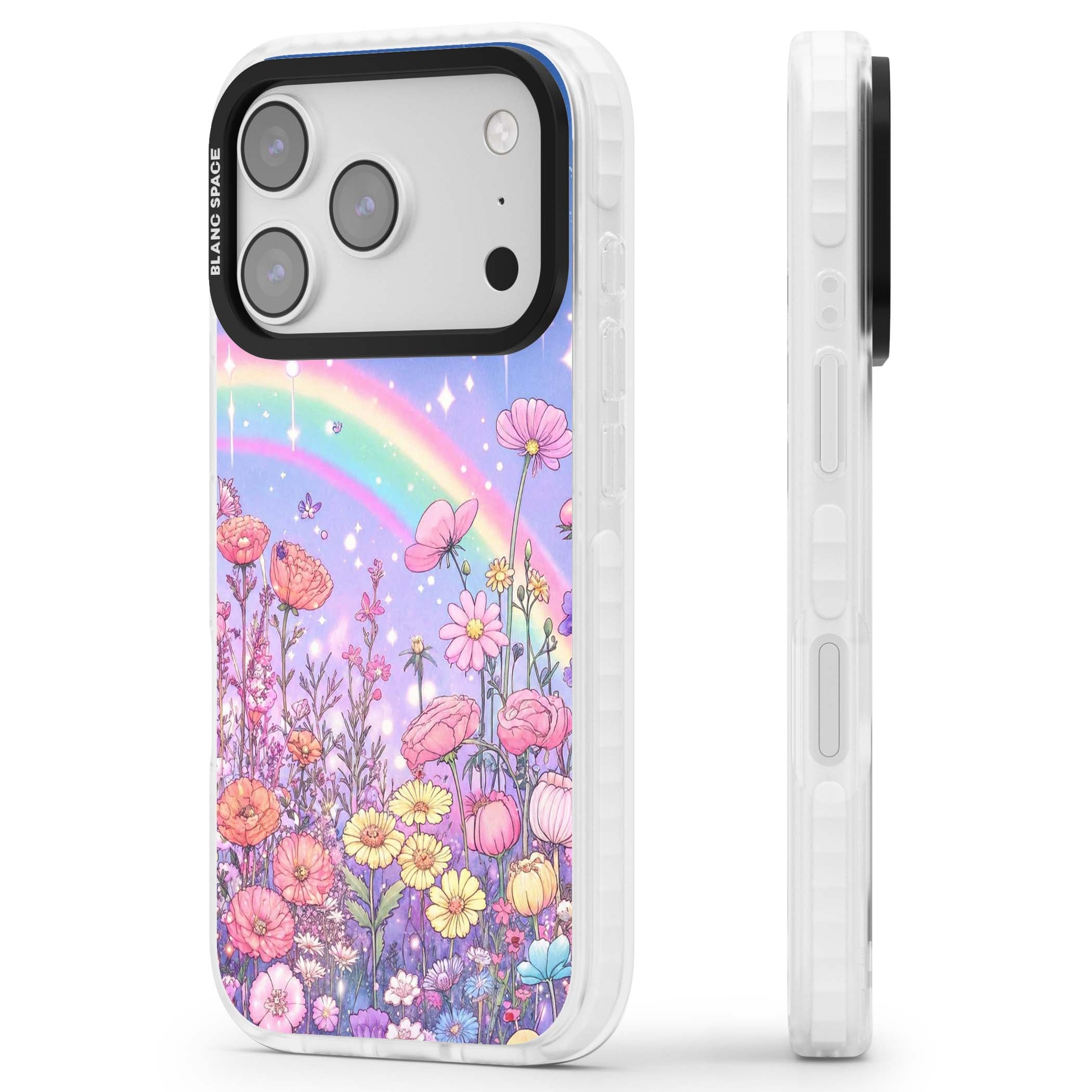 Magical Meadow fairycore iPhone case featuring a pastel rainbow, sparkling stars and a wildflower meadow | Black Impact case for iPhone 17 Pro, iPhone 17 Pro Max