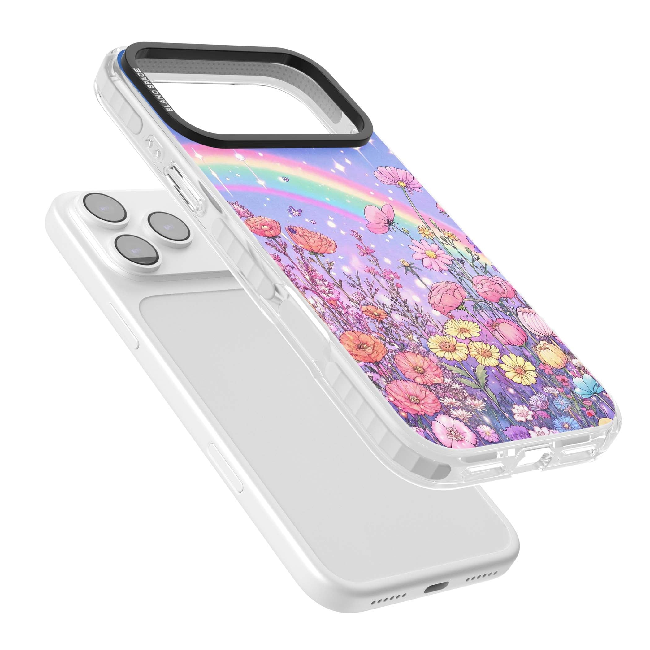 Magical Meadow fairycore iPhone case featuring a pastel rainbow, sparkling stars and a wildflower meadow | Black Impact case for iPhone 17 Pro, iPhone 17 Pro Max