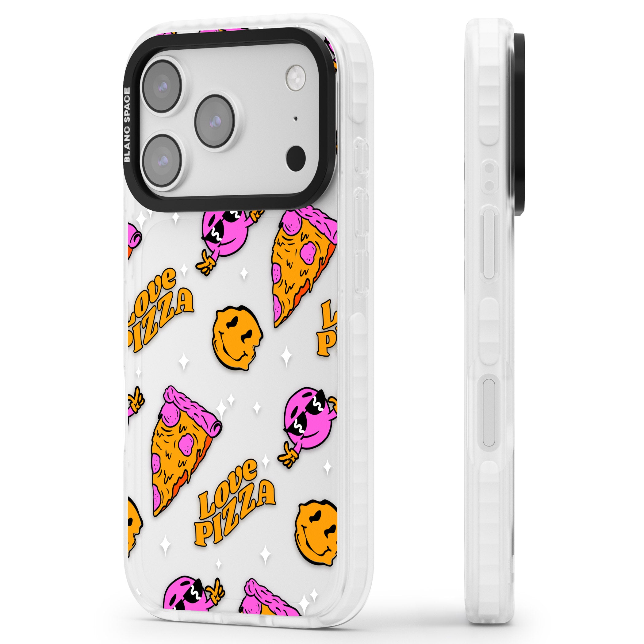 Psychedelic Love Pizza Pattern (Clear) iPhone 17 Pro Impact Clear Phone Case Side Profile