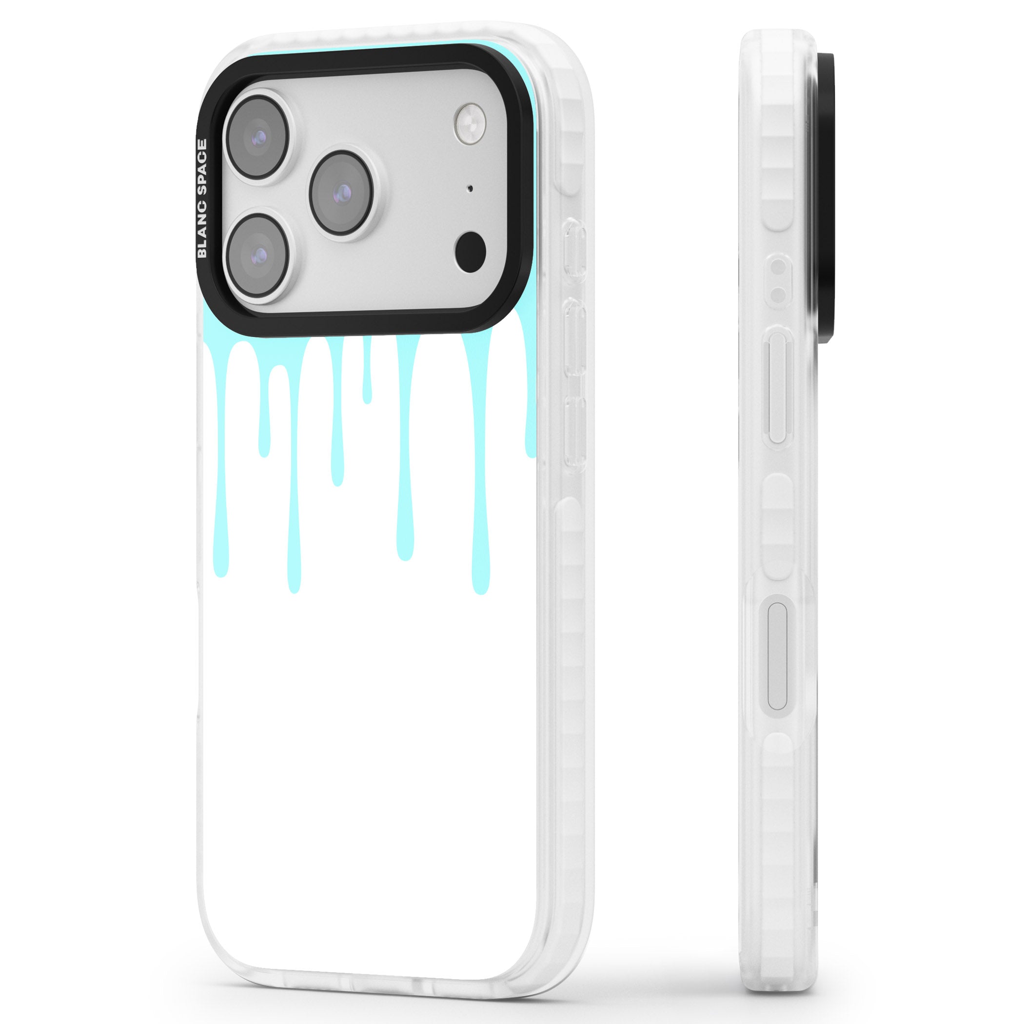 Melted Teal Drip iPhone 17 Pro Impact Clear Phone Case Side Profile