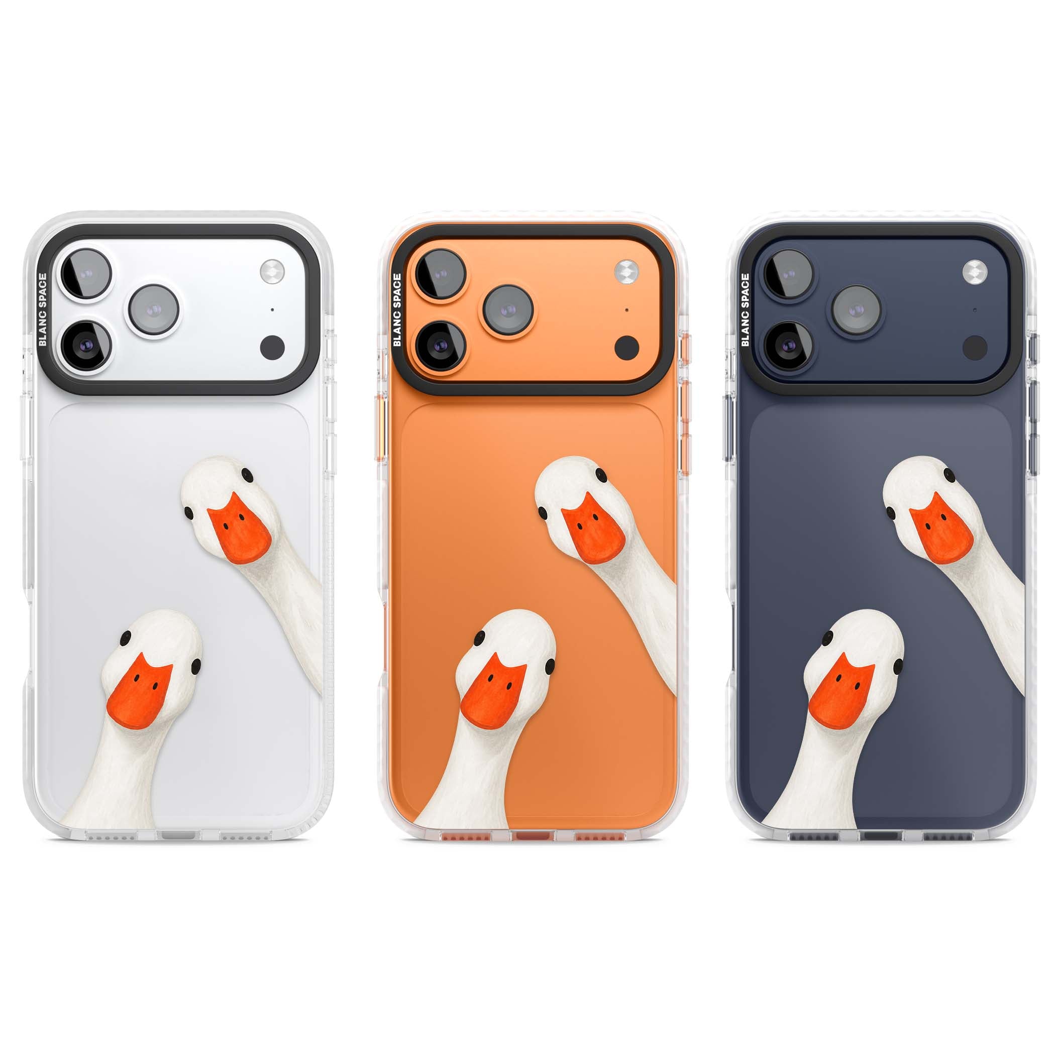 Nosy Ducks cottagecore iPhone case featuring two peeking white ducks with orange beaks on a clear background | Black Impact case for iPhone 17 Pro, iPhone 17 Pro Max