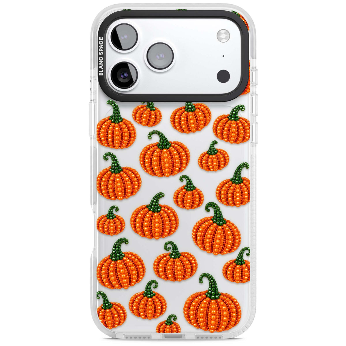 Beaded Pumpkins halloween iPhone case featuring beaded orange pumpkins with green stems on a clear background | Black Impact case for iPhone 17 Pro, iPhone 17 Pro Max