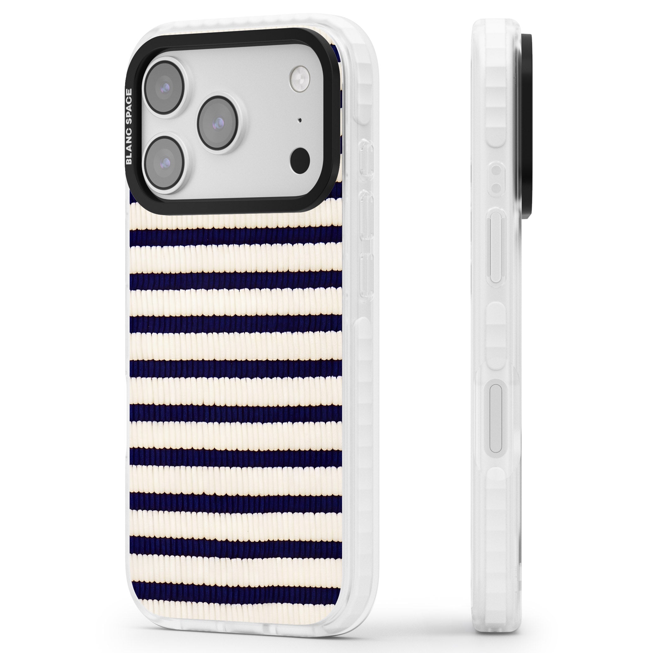 Navy & Cream Stripes iPhone 17 Pro Impact Clear Phone Case Side Profile