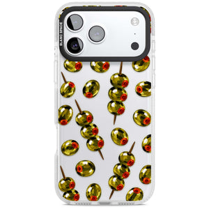 Painted Olives cocktail iPhone case featuring green olives, pimento centres and toothpick skewers on a clear background | Black Impact case for iPhone 17 Pro, iPhone 17 Pro Max