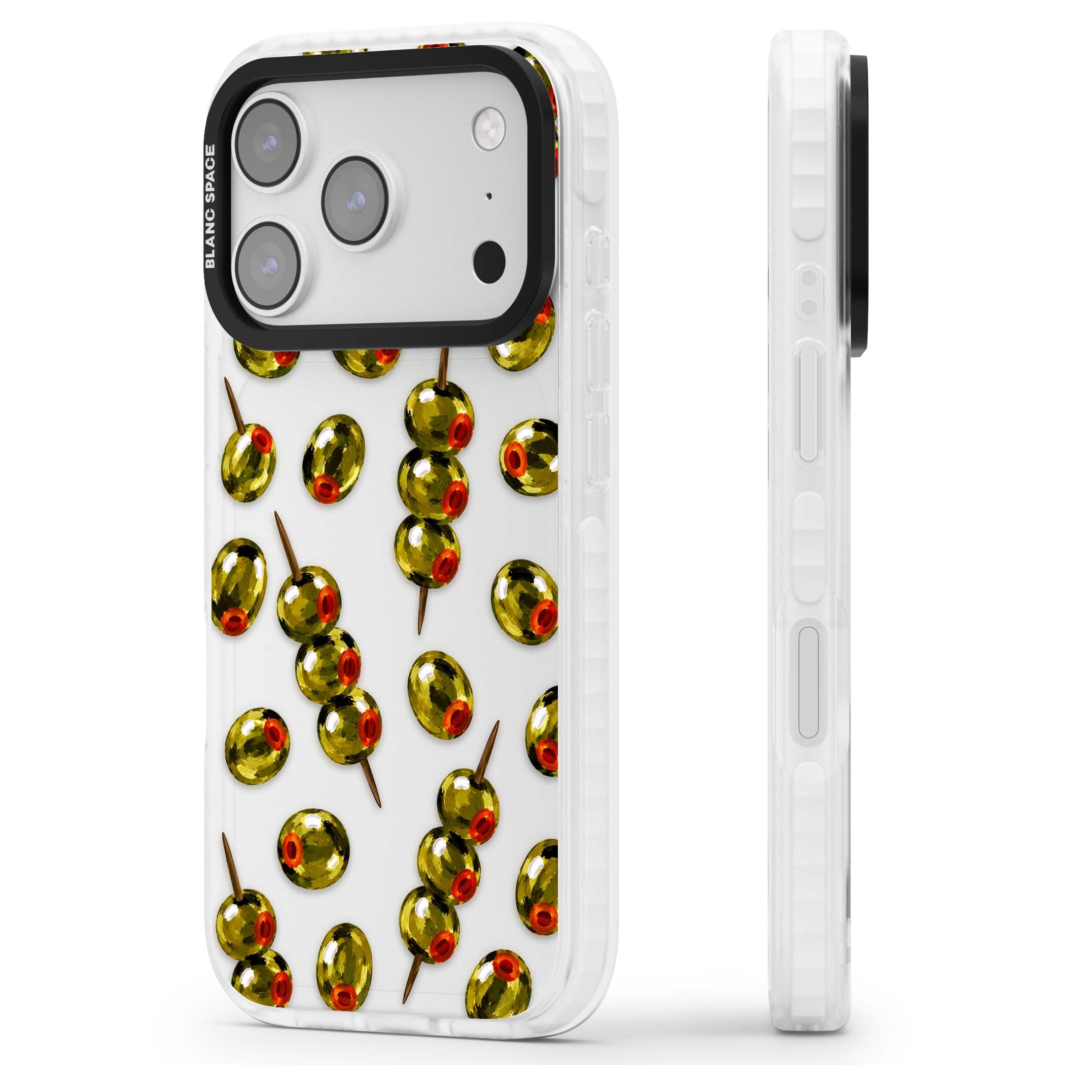 Painted Olives cocktail iPhone case featuring green olives, pimento centres and toothpick skewers on a clear background | Black Impact case for iPhone 17 Pro, iPhone 17 Pro Max