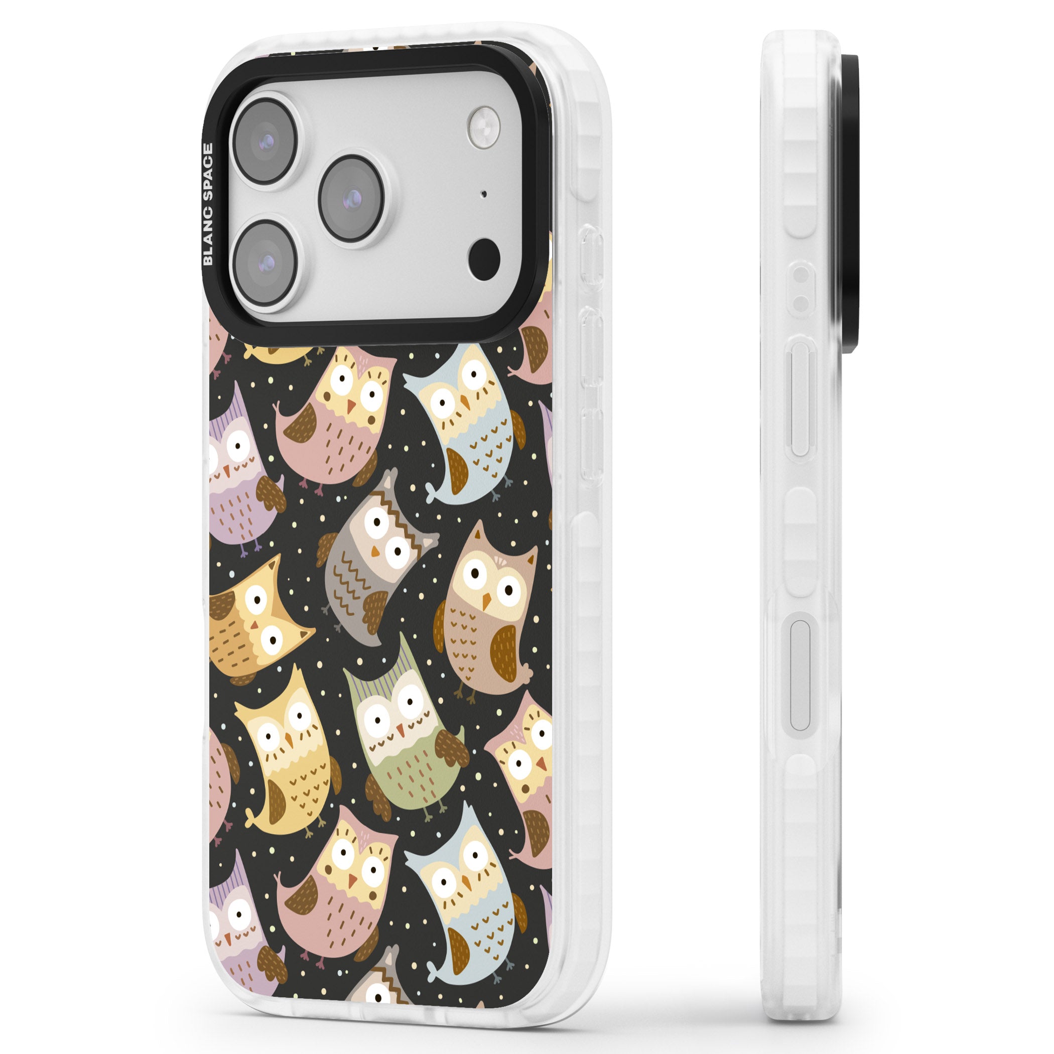 Cute Owl Pattern iPhone 17 Pro Impact Clear Phone Case Side Profile