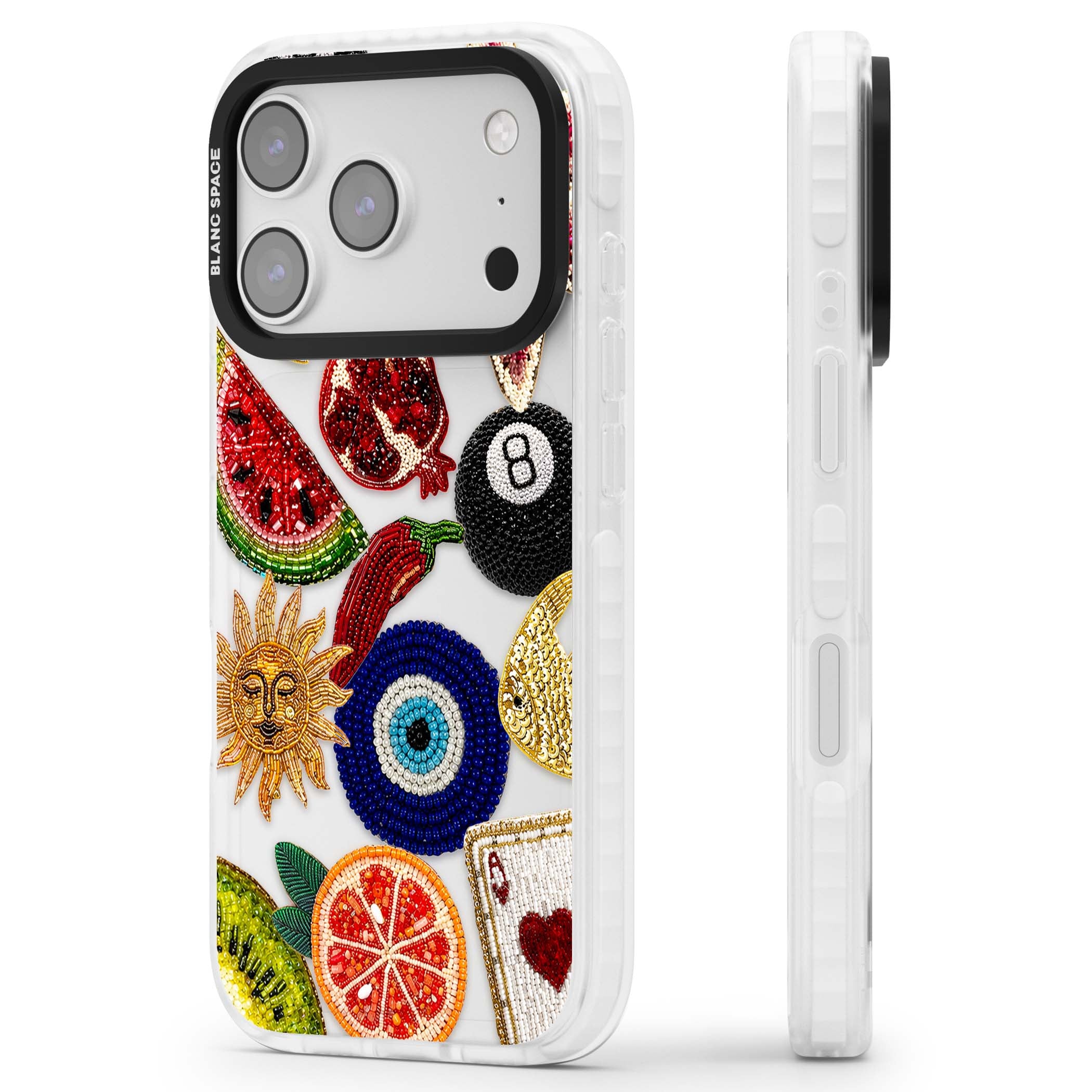Beaded Charms embroidery iPhone case featuring beaded evil eye, fruit patches and a golden sun motif | Black Impact case for iPhone 17 Pro, iPhone 17 Pro Max