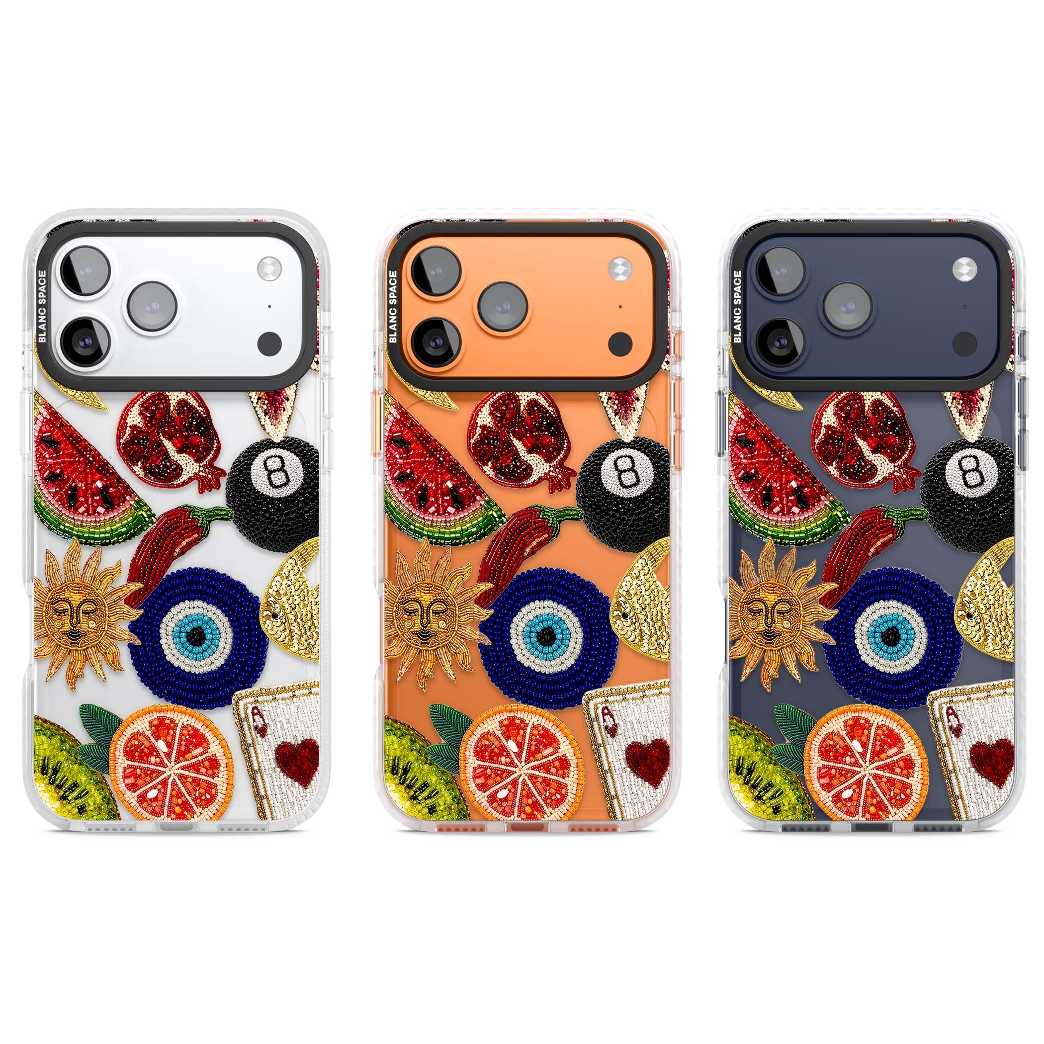 Beaded Charms embroidery iPhone case featuring beaded evil eye, fruit patches and a golden sun motif | Black Impact case for iPhone 17 Pro, iPhone 17 Pro Max