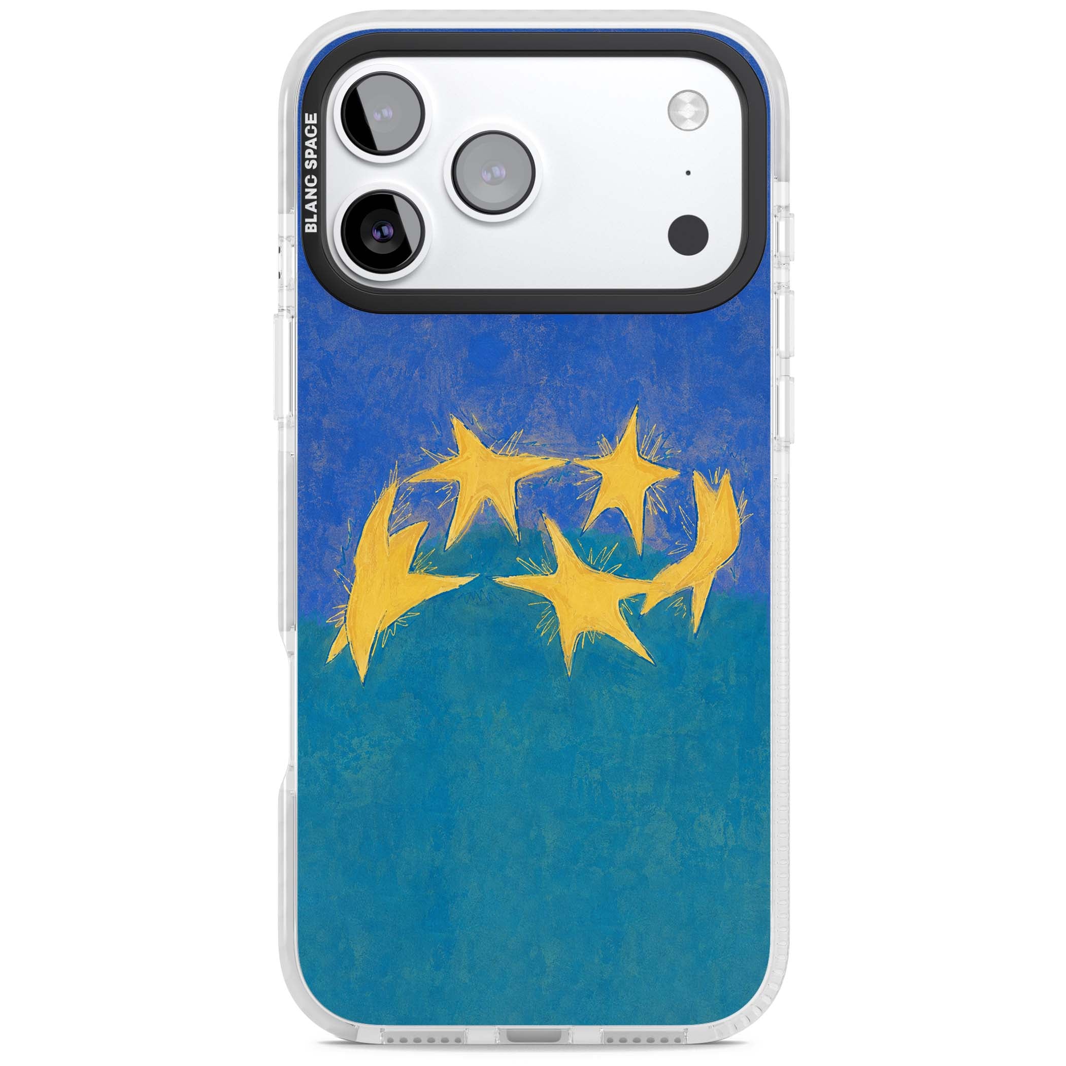 Star Boogie stars aesthetic iPhone case featuring five yellow hand-painted stars on cobalt blue and teal | Black Impact case for iPhone 17 Pro, iPhone 17 Pro Max