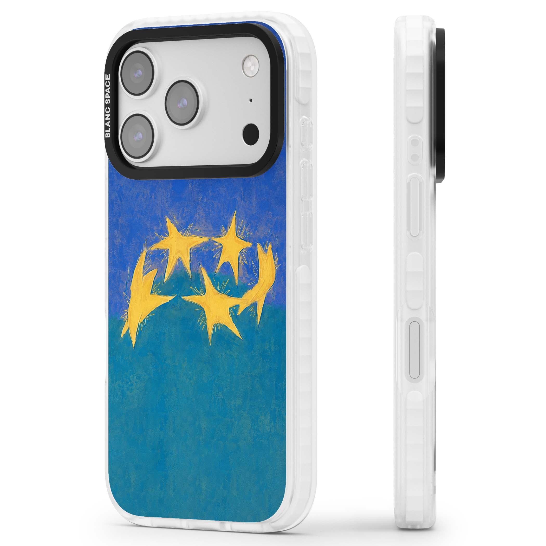 Star Boogie stars aesthetic iPhone case featuring five yellow hand-painted stars on cobalt blue and teal | Black Impact case for iPhone 17 Pro, iPhone 17 Pro Max