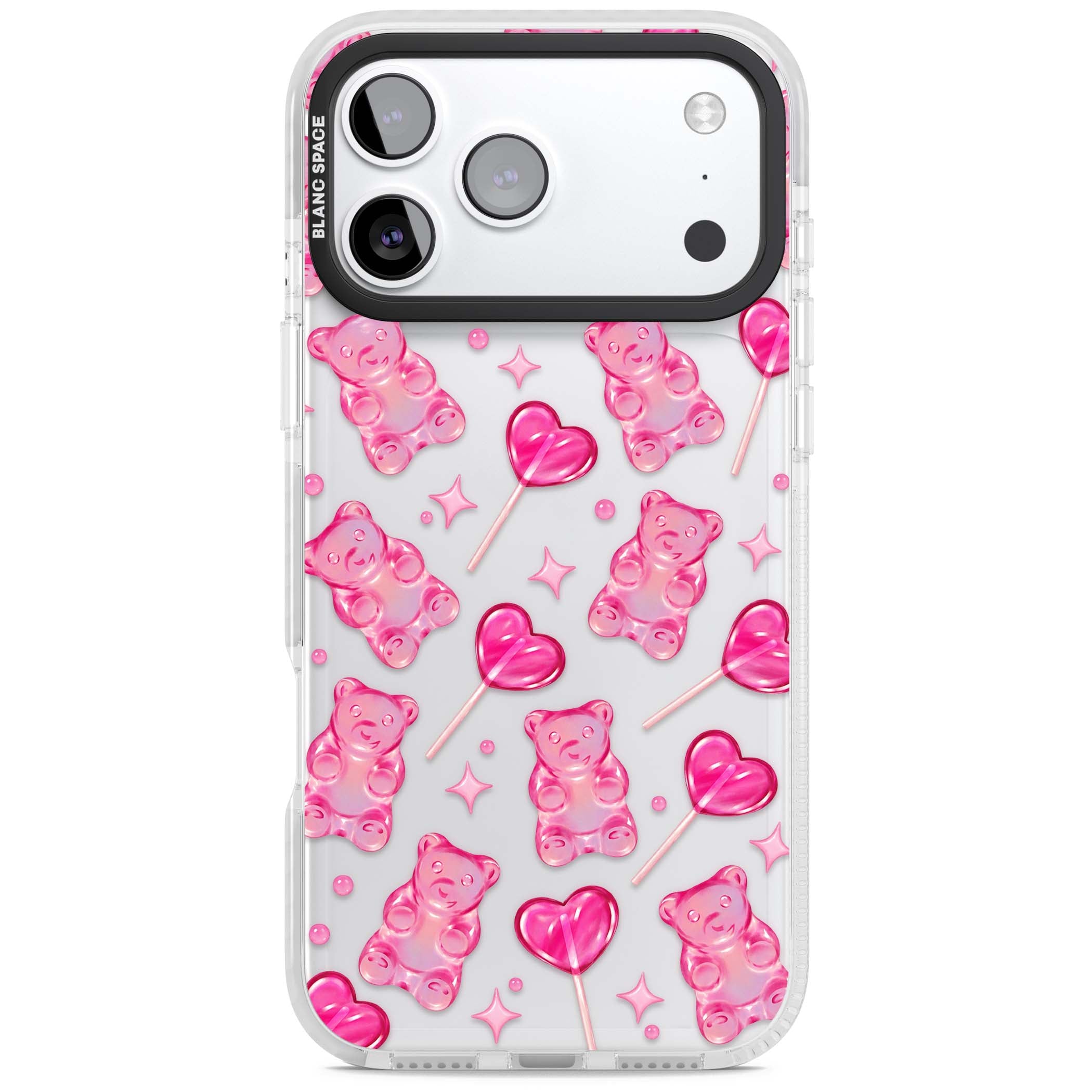 Pink Sugar pinkcore iPhone case featuring pink gummy bears, heart-shaped lollipops and sparkle stars | Black Impact case for iPhone 17 Pro, iPhone 17 Pro Max