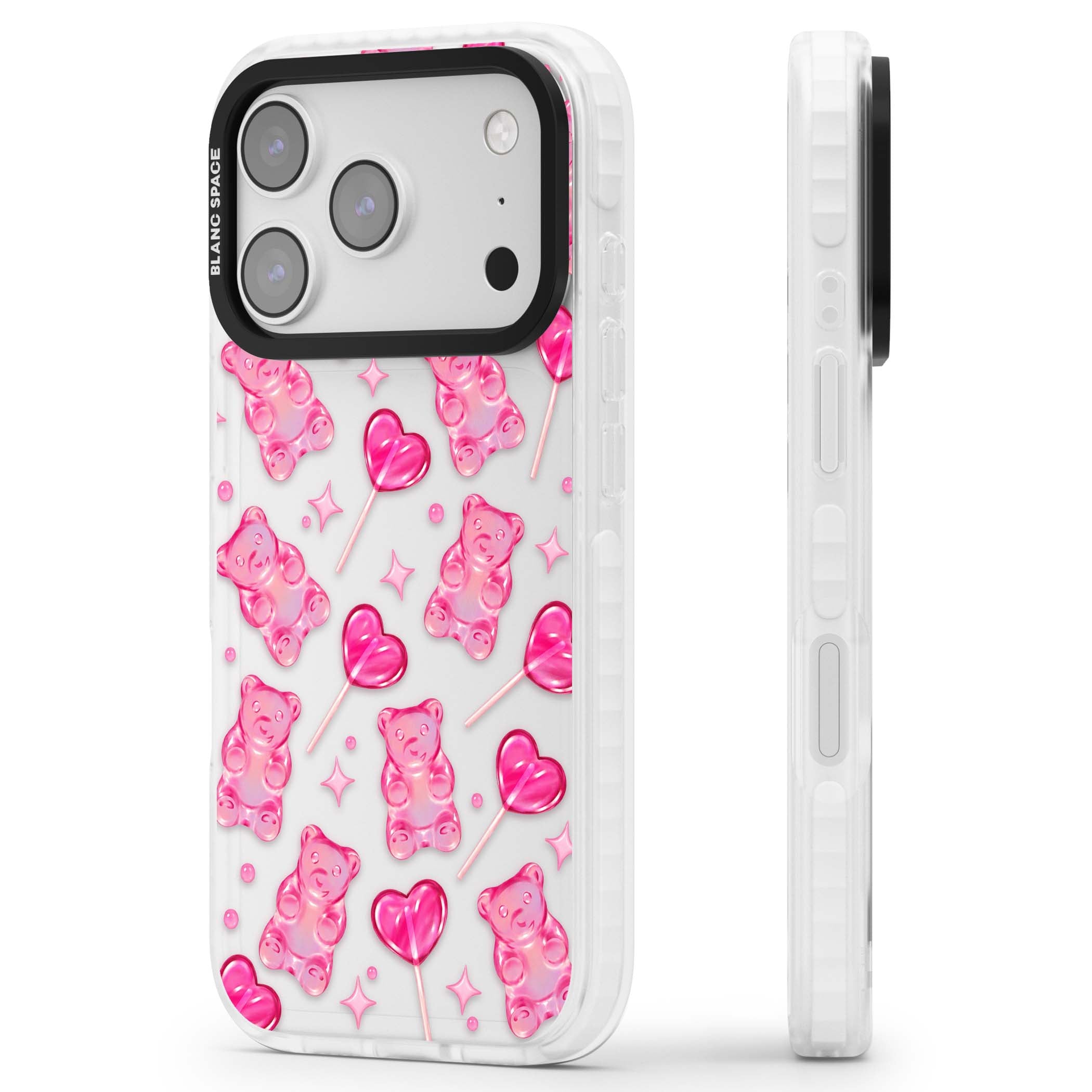 Pink Sugar pinkcore iPhone case featuring pink gummy bears, heart-shaped lollipops and sparkle stars | Black Impact case for iPhone 17 Pro, iPhone 17 Pro Max