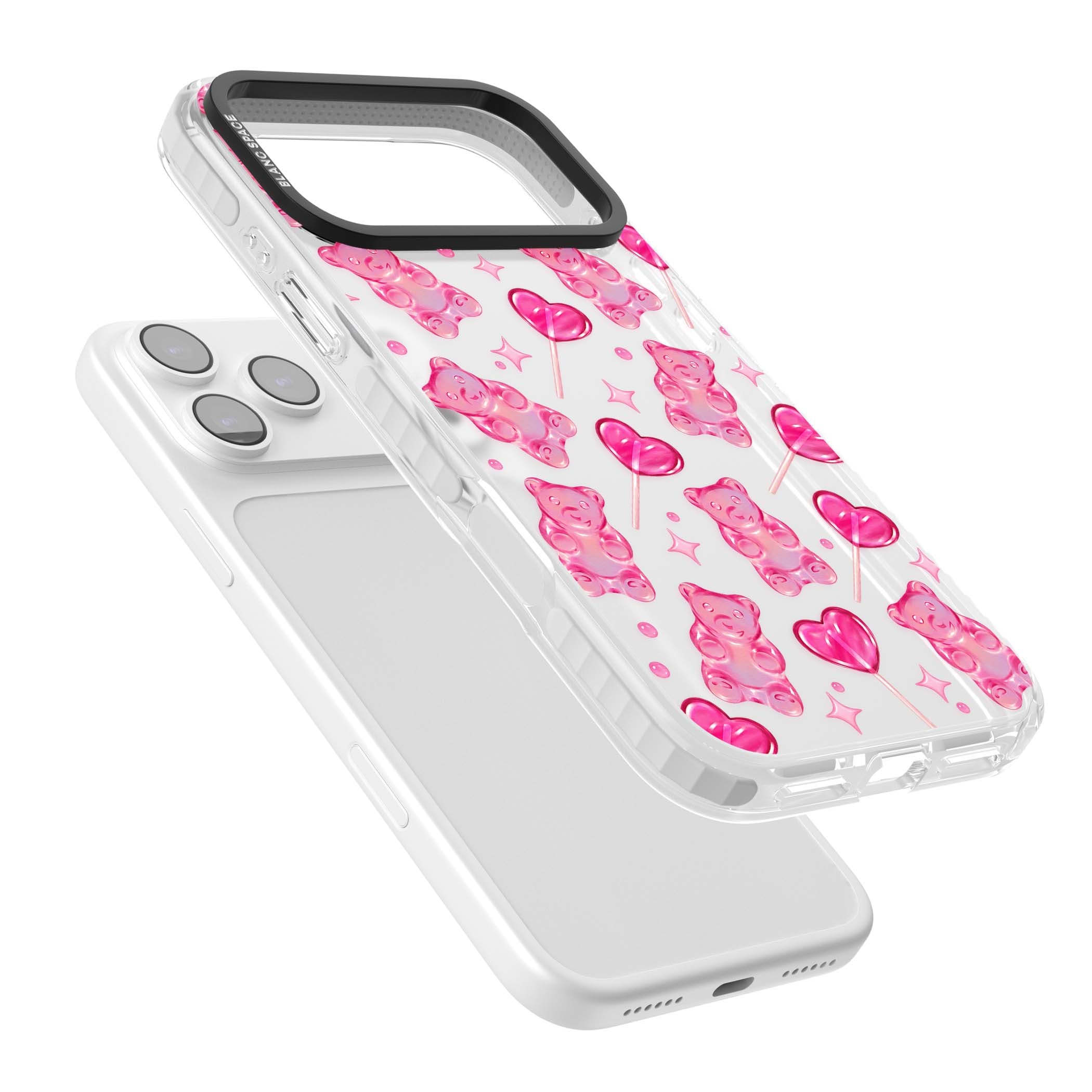Pink Sugar pinkcore iPhone case featuring pink gummy bears, heart-shaped lollipops and sparkle stars | Black Impact case for iPhone 17 Pro, iPhone 17 Pro Max