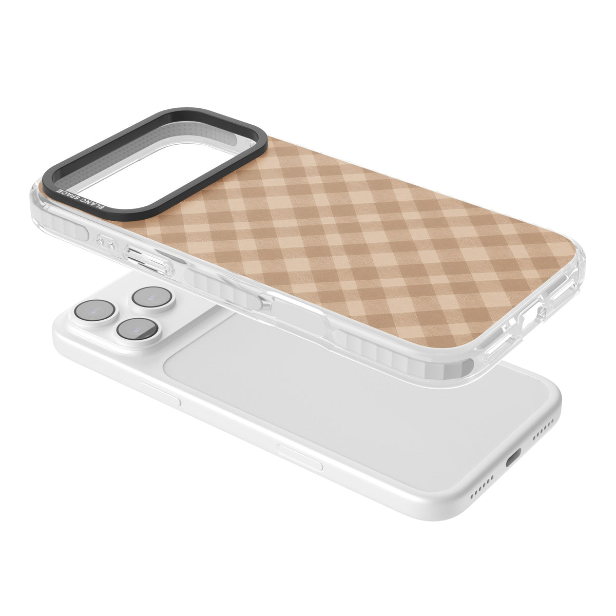 Beige Gingham cottagecore iPhone case featuring diagonal brown gingham checks in soft beige and toffee tones iPhone 17 Pro Max Impact Clear Phone Case angled