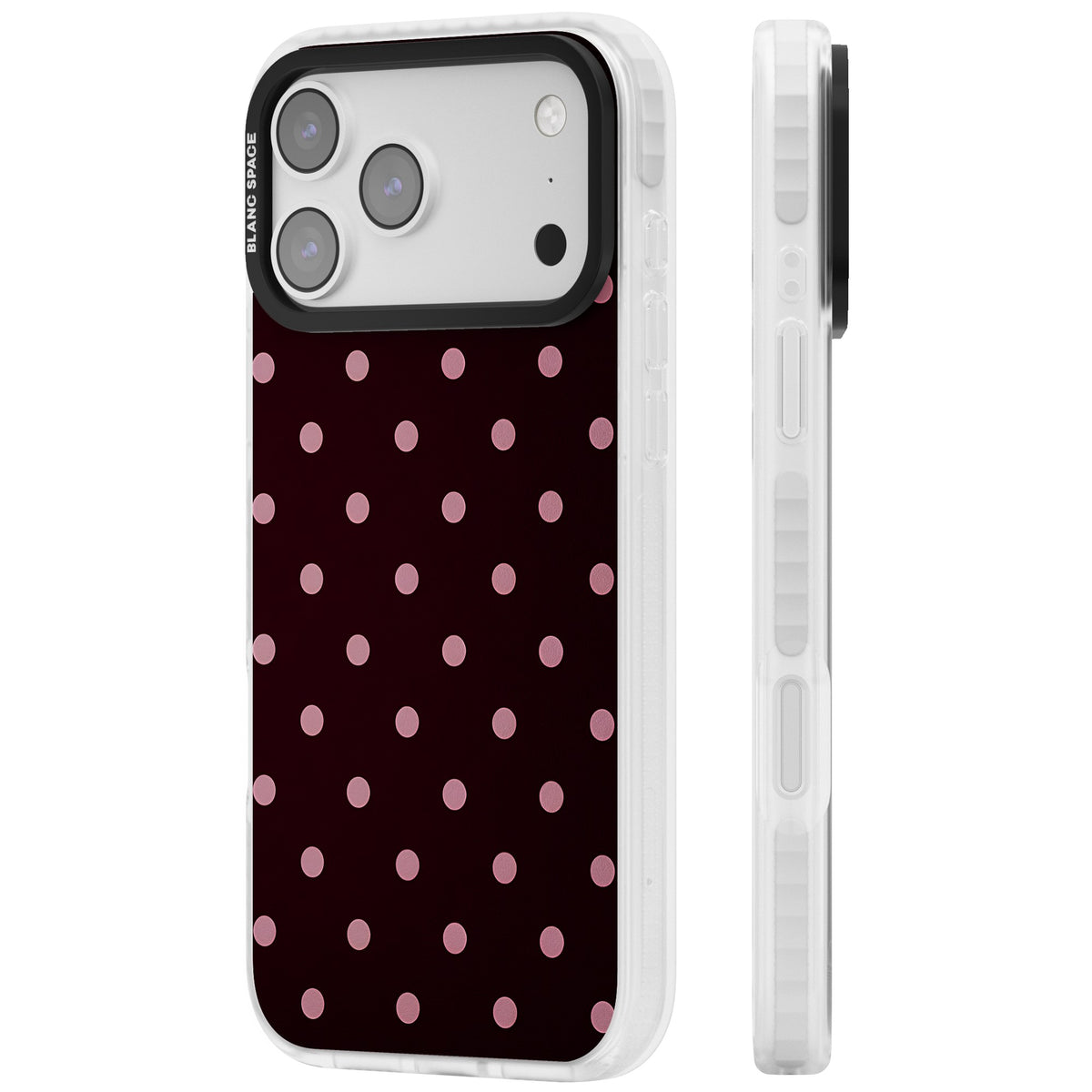 Merlot Dots polka dot iPhone case featuring dusty pink spots on a deep burgundy background in a retro grid iPhone 17 Pro Max Impact Clear Phone Case side