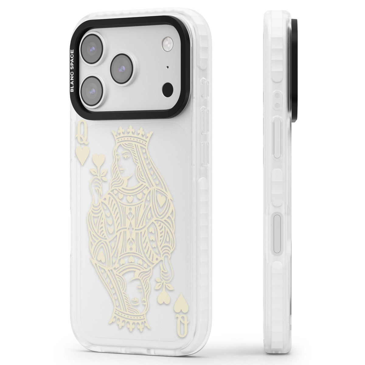 Queen Of Hearts (Beige) playing card iPhone case featuring cream line art queen, hearts suit symbols and vintage deck detaili | Black Impact case for iPhone 17 Pro, iPhone 17 Pro Max
