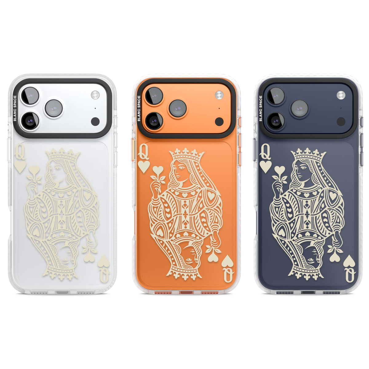 Queen Of Hearts (Beige) playing card iPhone case featuring cream line art queen, hearts suit symbols and vintage deck detaili | Black Impact case for iPhone 17 Pro, iPhone 17 Pro Max