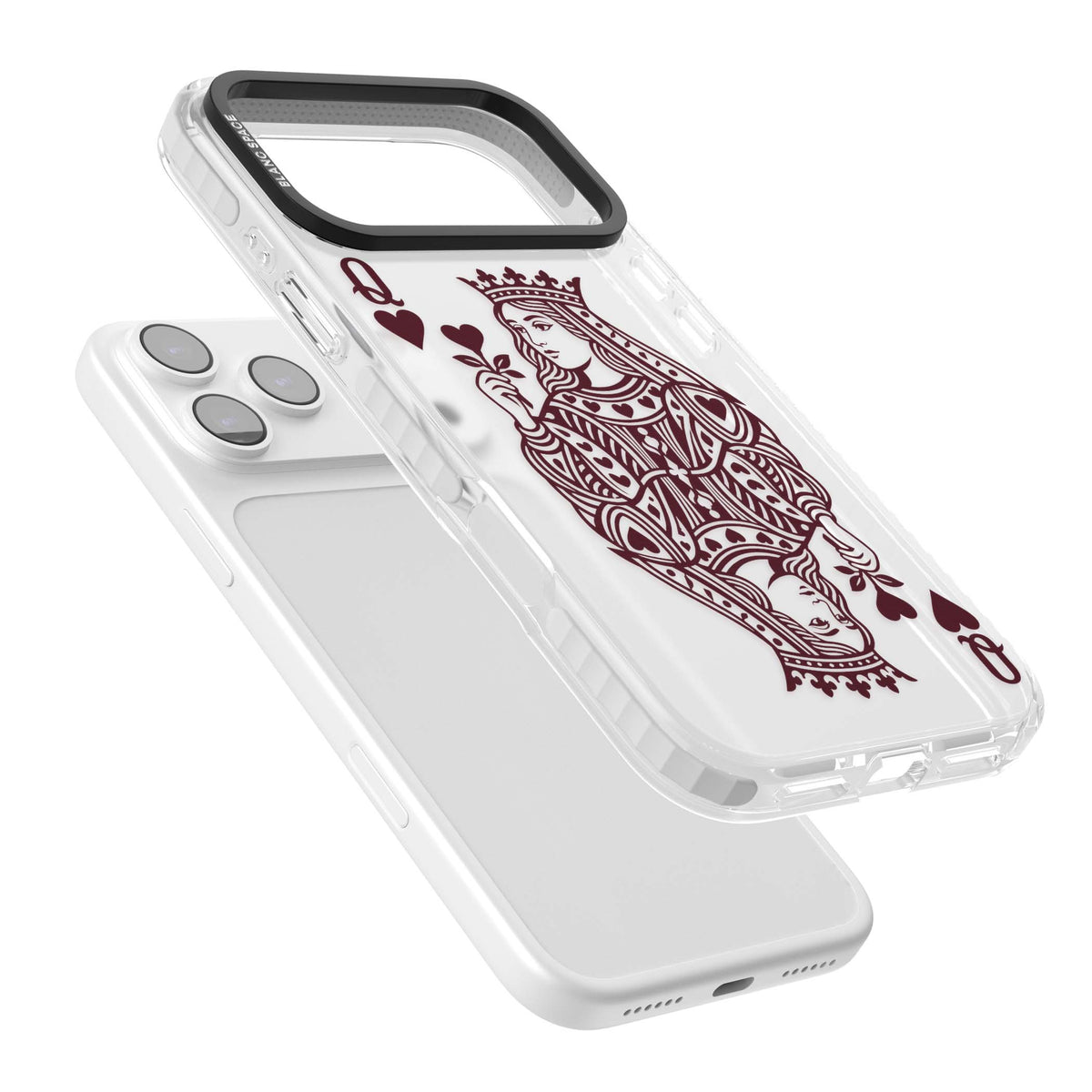 Queen Of Hearts (Burgundy) dark academia iPhone case featuring a burgundy vintage playing card illustration with crowned quee | Black Impact case for iPhone 17 Pro, iPhone 17 Pro Max