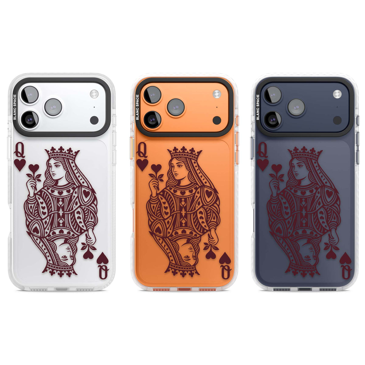 Queen Of Hearts (Burgundy) dark academia iPhone case featuring a burgundy vintage playing card illustration with crowned quee | Black Impact case for iPhone 17 Pro, iPhone 17 Pro Max