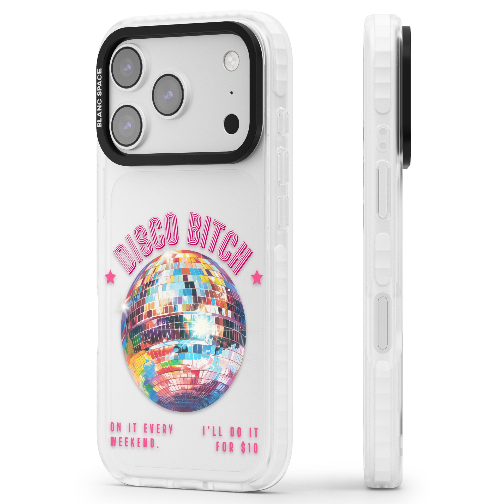 Disco B Tch iPhone 17 Pro Impact Clear Phone Case Side Profile