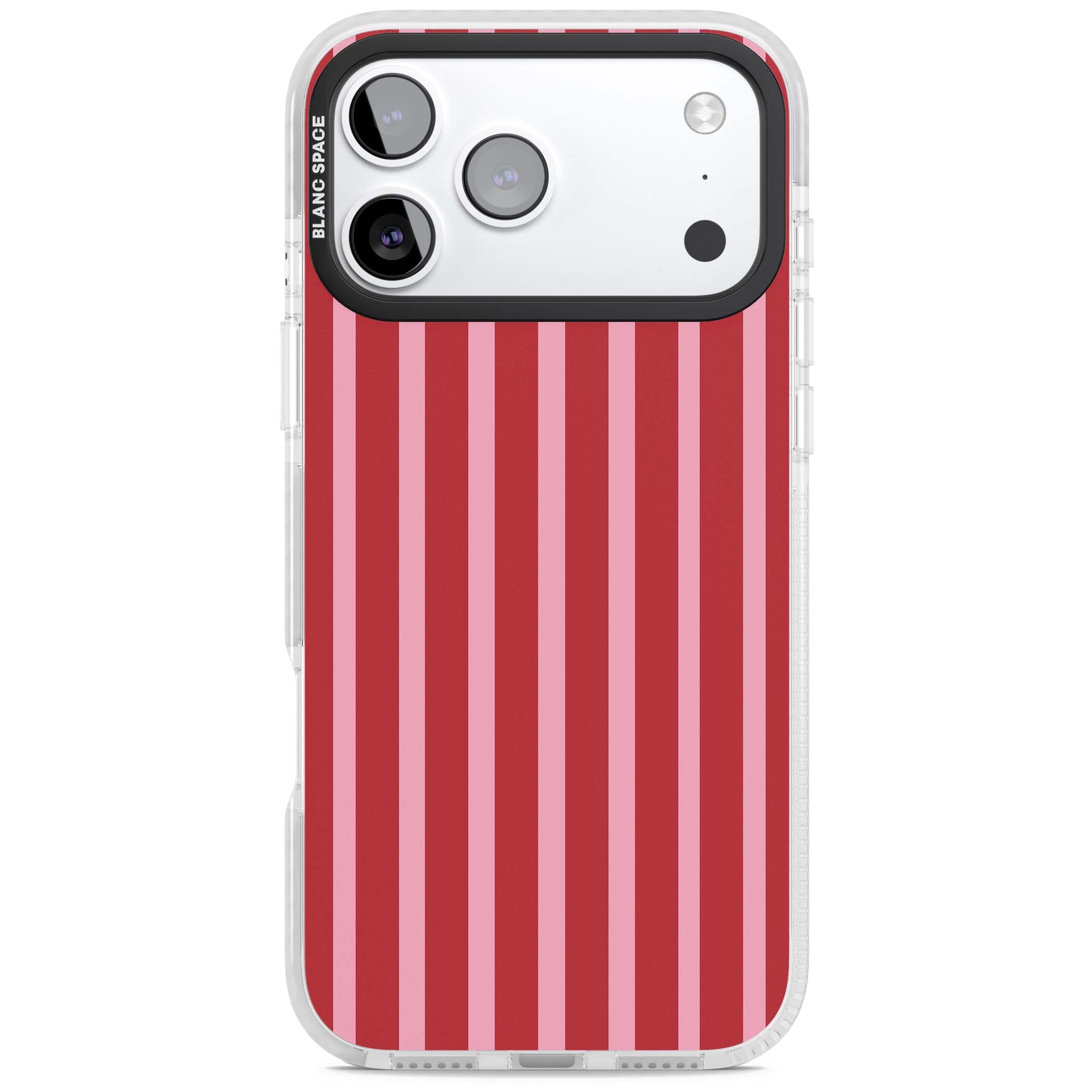 Raspberry Stripe coquette iPhone case featuring red and pink vertical stripes in a candy-inspired pattern | Black Impact case for iPhone 17 Pro, iPhone 17 Pro Max