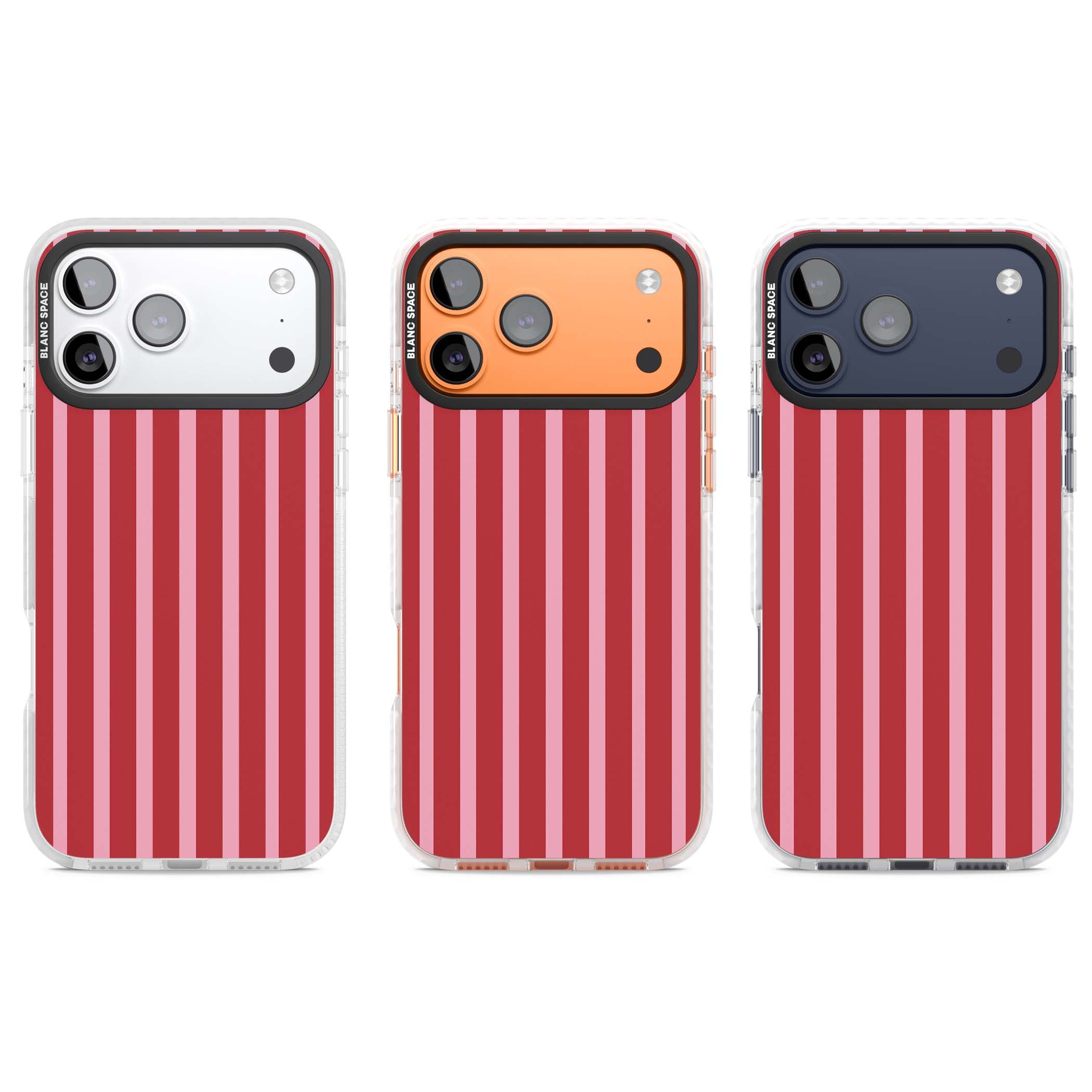 Raspberry Stripe coquette iPhone case featuring red and pink vertical stripes in a candy-inspired pattern | Black Impact case for iPhone 17 Pro, iPhone 17 Pro Max