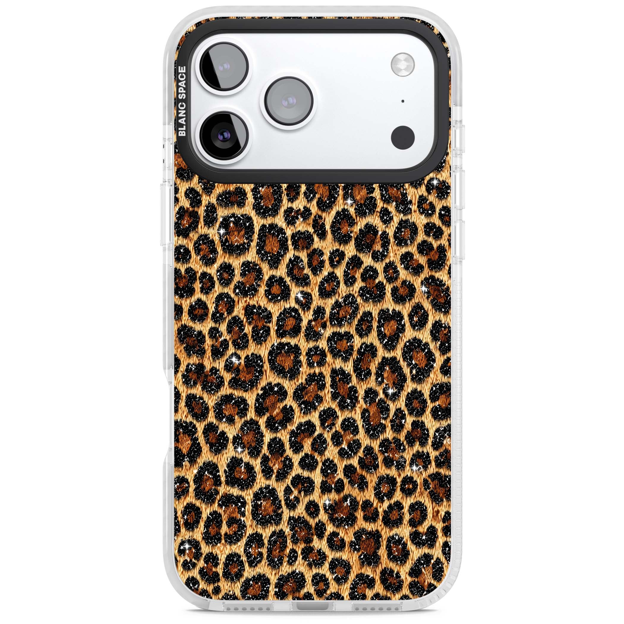 Diamond Leopard leopard print iPhone case featuring golden tan fur, black rosette spots and subtle glitter sparkle | Black Impact case for iPhone 17 Pro, iPhone 17 Pro Max