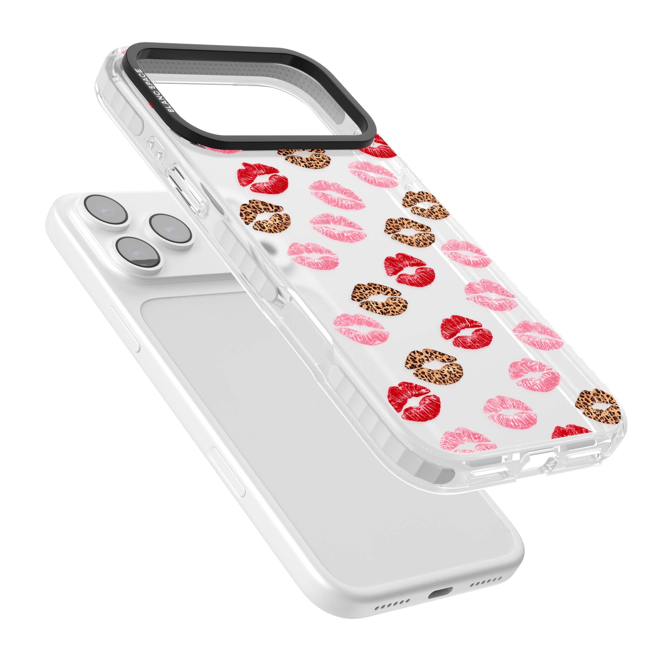 Wild Kisses coquette iPhone case featuring red, pink and leopard print lipstick kiss marks on a clear background | Black Impact case for iPhone 17 Pro, iPhone 17 Pro Max