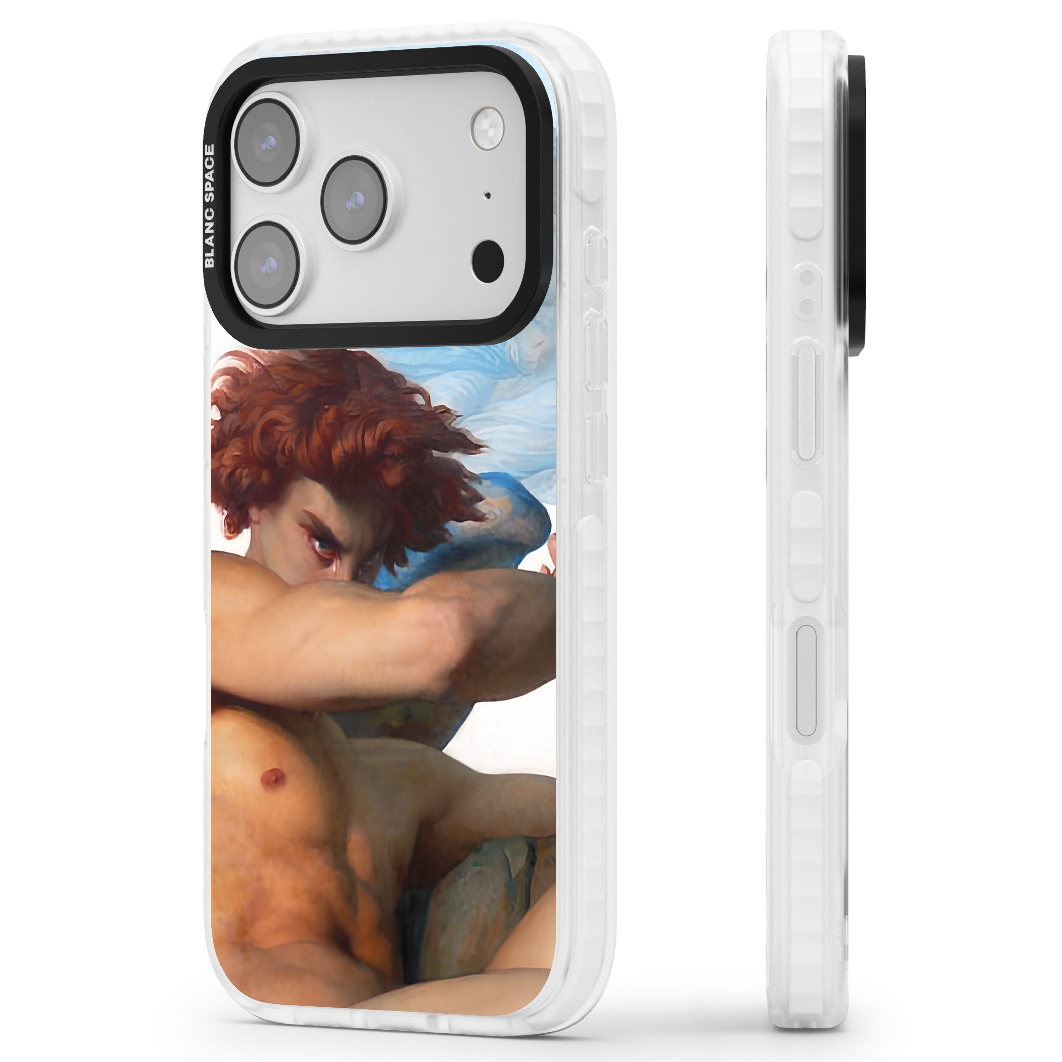 The Fallen Angel iPhone 17 Pro Impact Clear Phone Case Side Profile