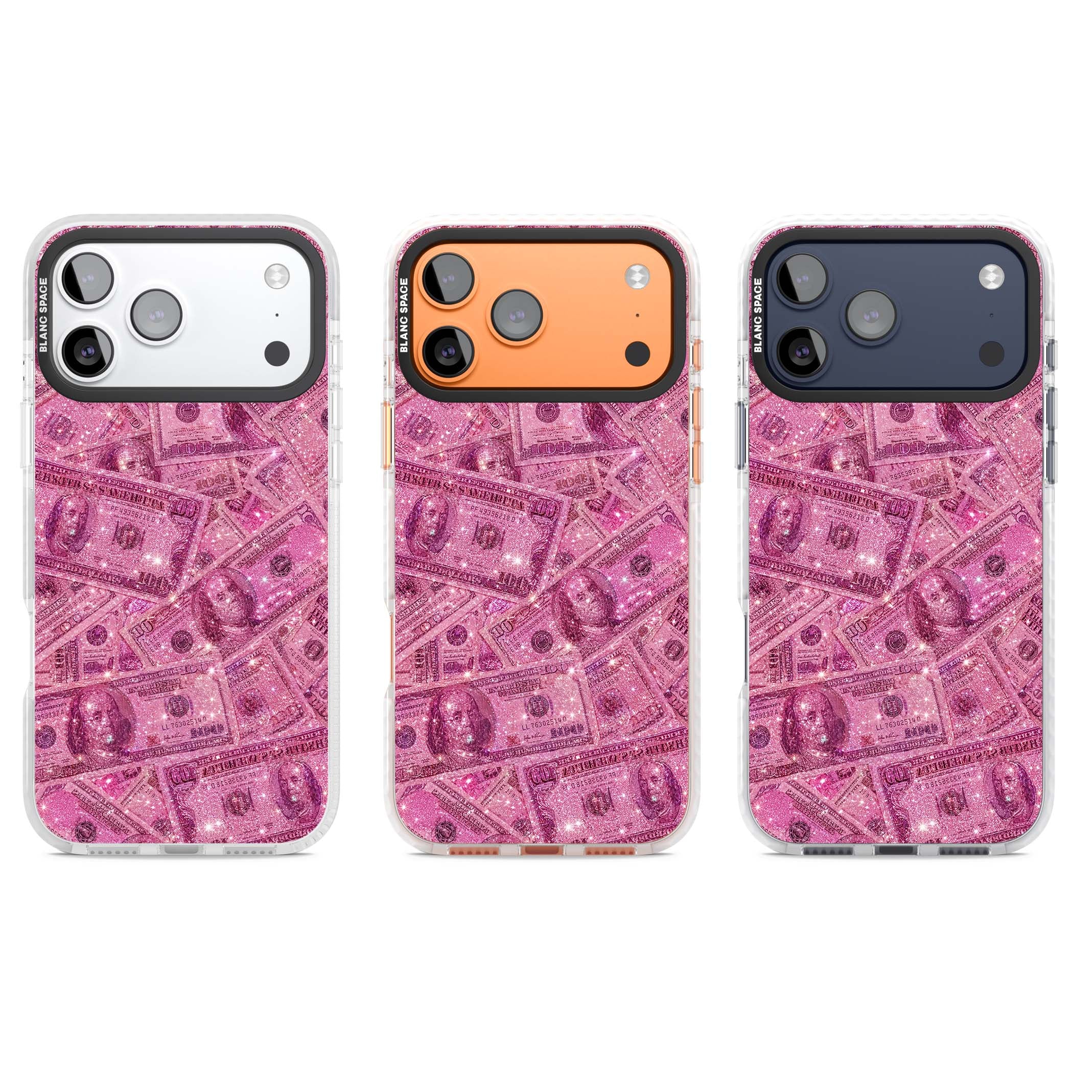 Glamorous baddie iPhone case featuring pink glitter hundred dollar bills and sparkling money wallpaper design | Black Impact case for iPhone 17 Pro, iPhone 17 Pro Max