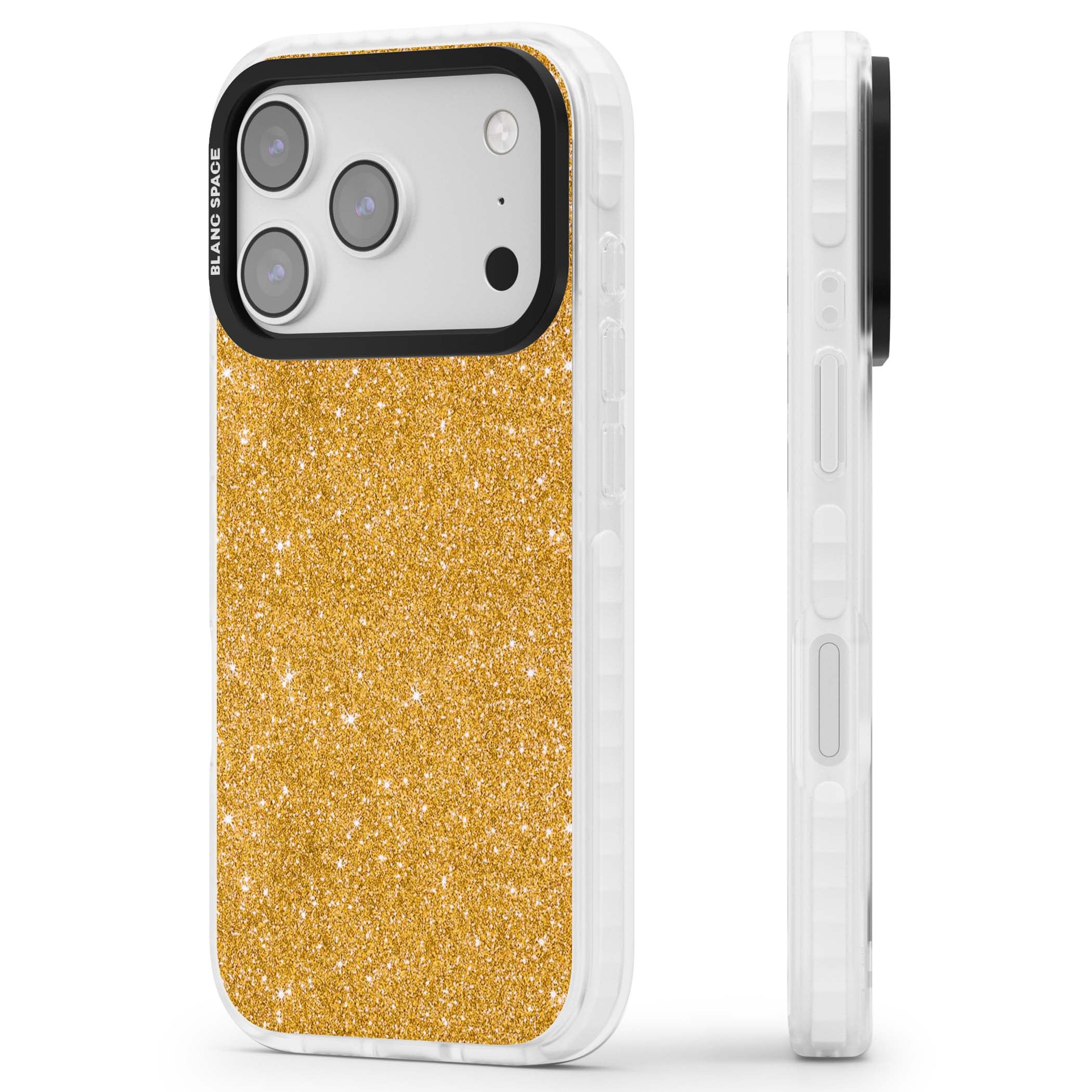 Gold Glitter gold glitter iPhone case featuring a shimmering sparkle wallpaper design in luxury gold | Black Impact case for iPhone 17 Pro, iPhone 17 Pro Max