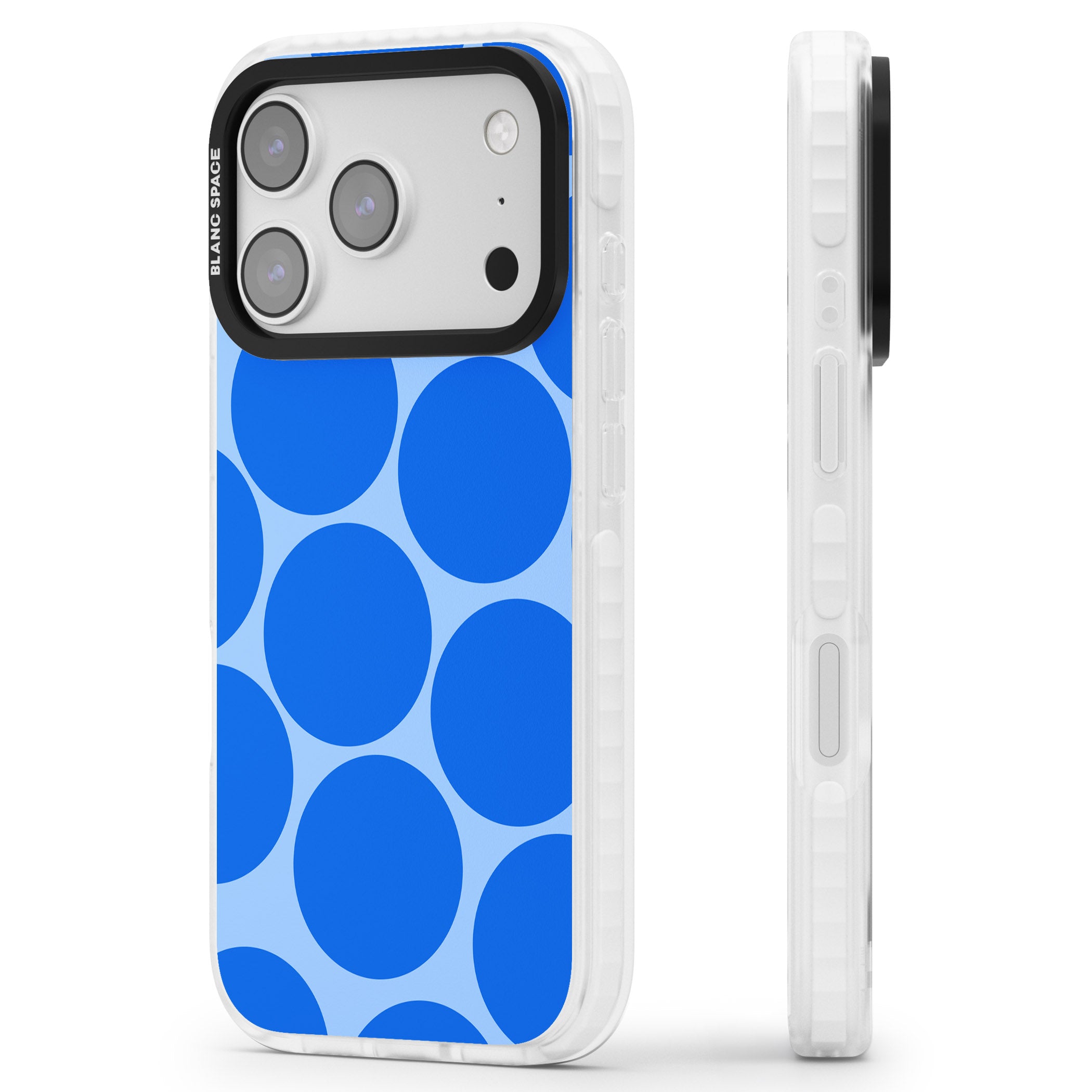 Retro Blue Dot iPhone 17 Pro Impact Clear Phone Case Side Profile