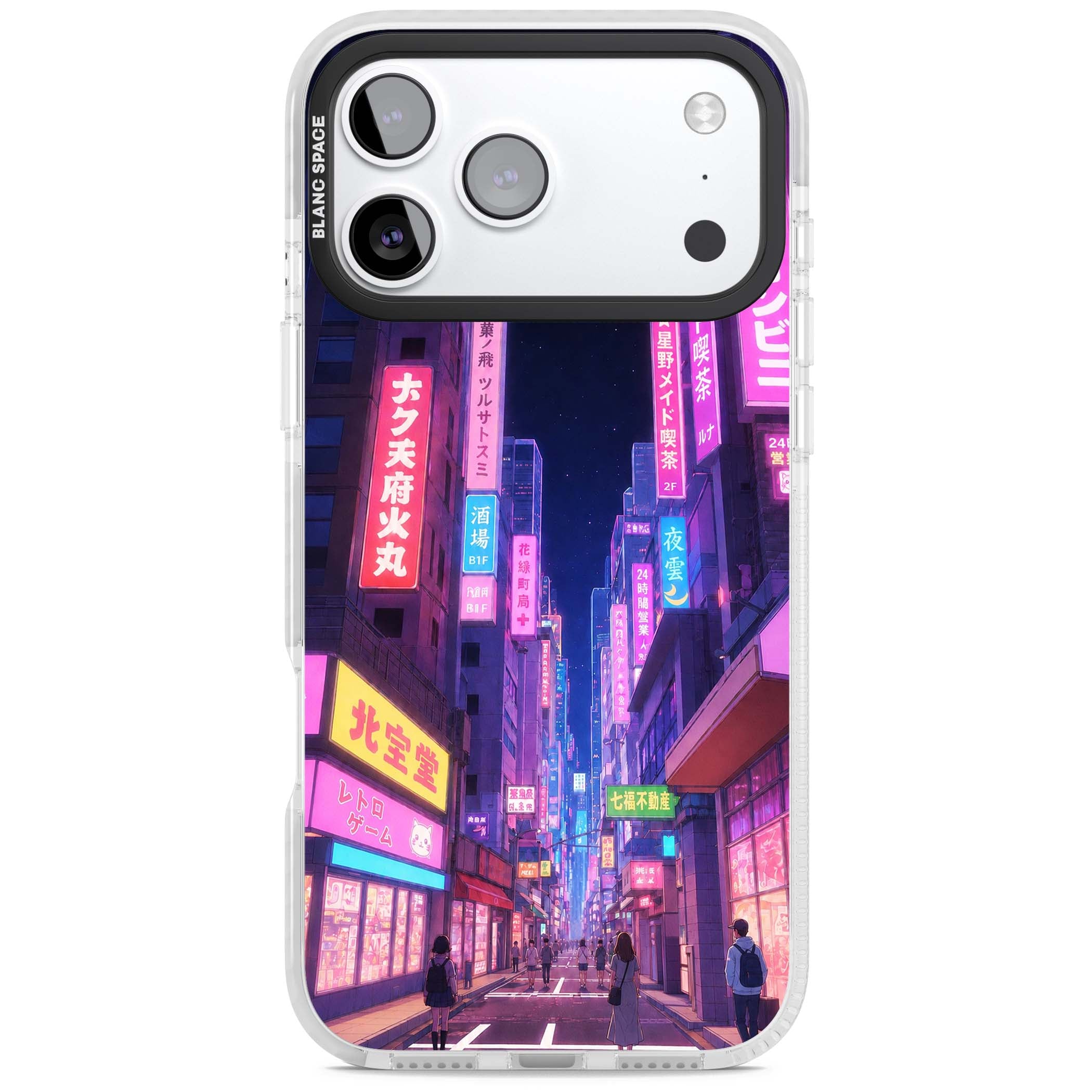 Shibuya At Night Japanese neon city iPhone case featuring glowing kanji signs, pink storefronts and a Tokyo street at n | Black Impact case for iPhone 17 Pro, iPhone 17 Pro Max