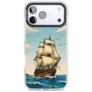 Ship at Sea nautical iPhone case featuring a vintage tall ship, ocean waves and seagulls | Black Impact case for iPhone 17 Pro, iPhone 17 Pro Max