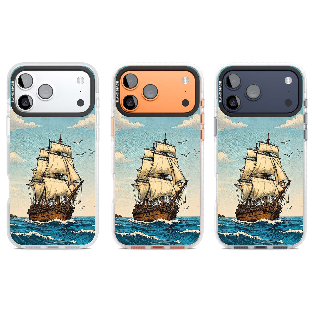 Ship at Sea nautical iPhone case featuring a vintage tall ship, ocean waves and seagulls | Black Impact case for iPhone 17 Pro, iPhone 17 Pro Max