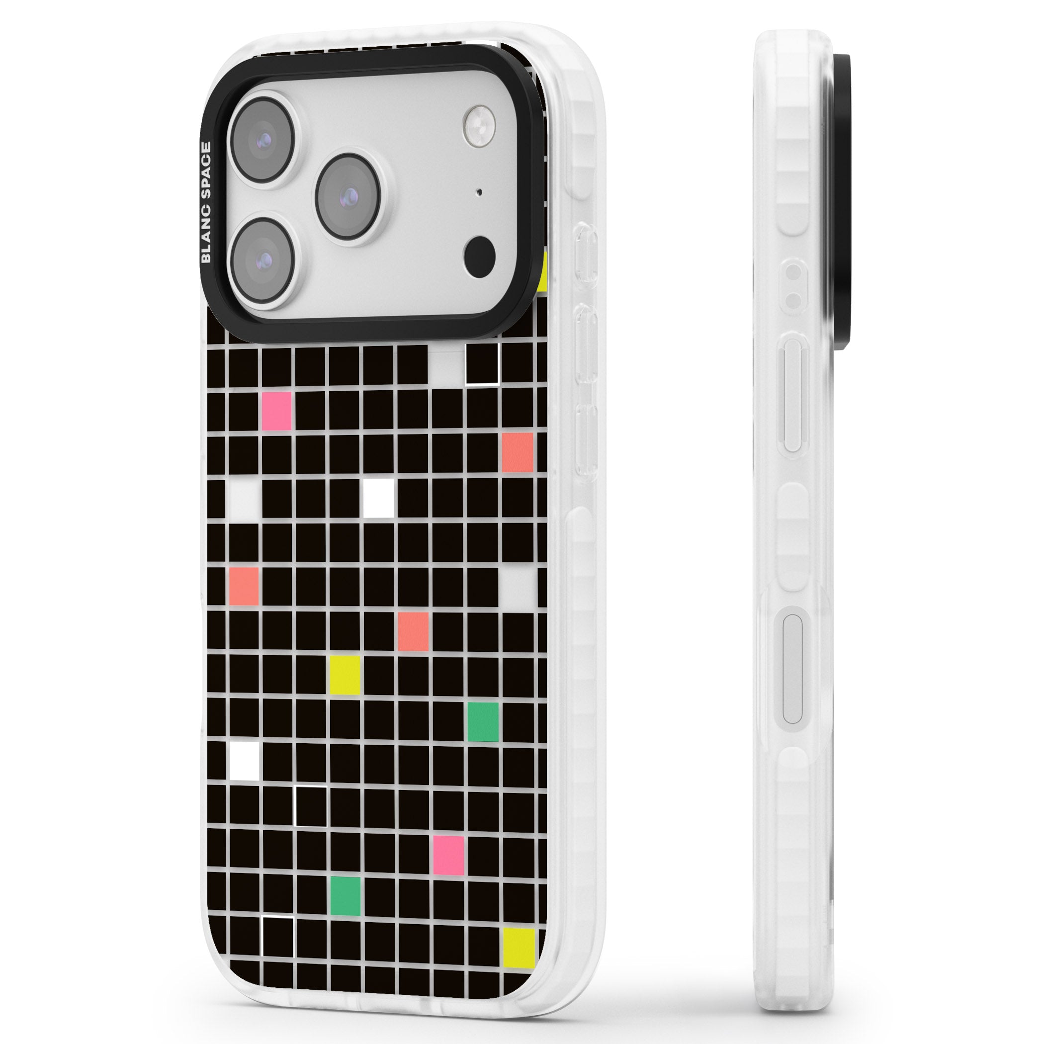 Vibrant Black Geometric Grid iPhone 17 Pro Impact Clear Phone Case Side Profile