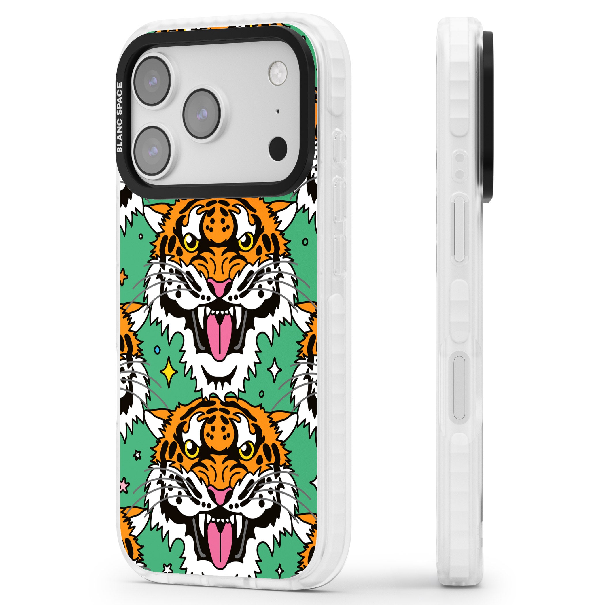 Fierce Jungle Tigers (Green) iPhone 17 Pro Impact Clear Phone Case Side Profile