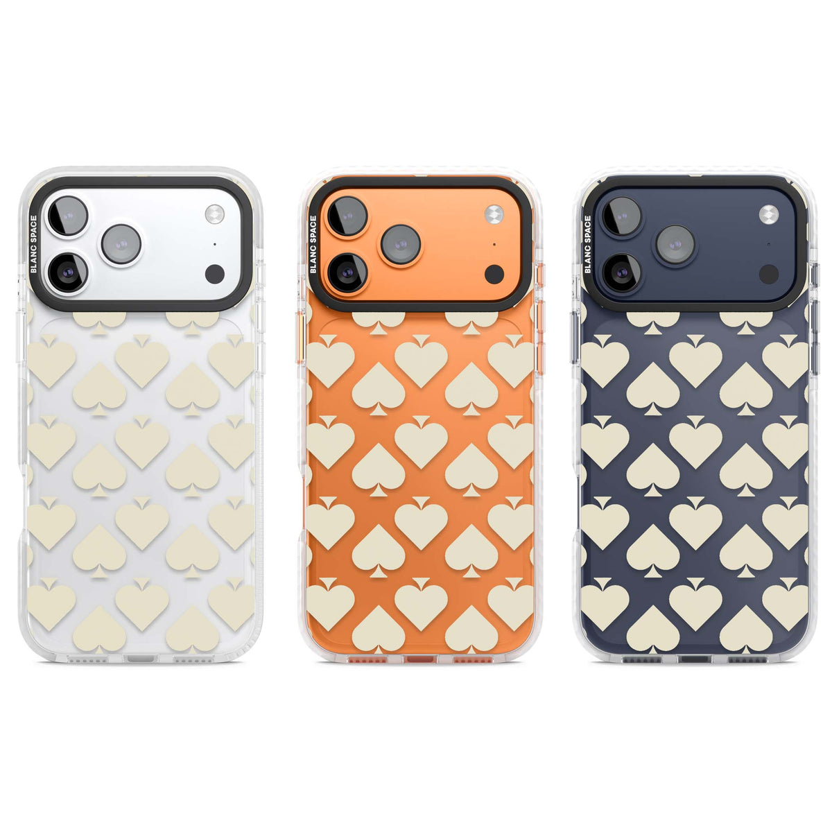 Beige Spades playing card iPhone case featuring cream hearts and spades pattern on a clear base | Black Impact case for iPhone 17 Pro, iPhone 17 Pro Max