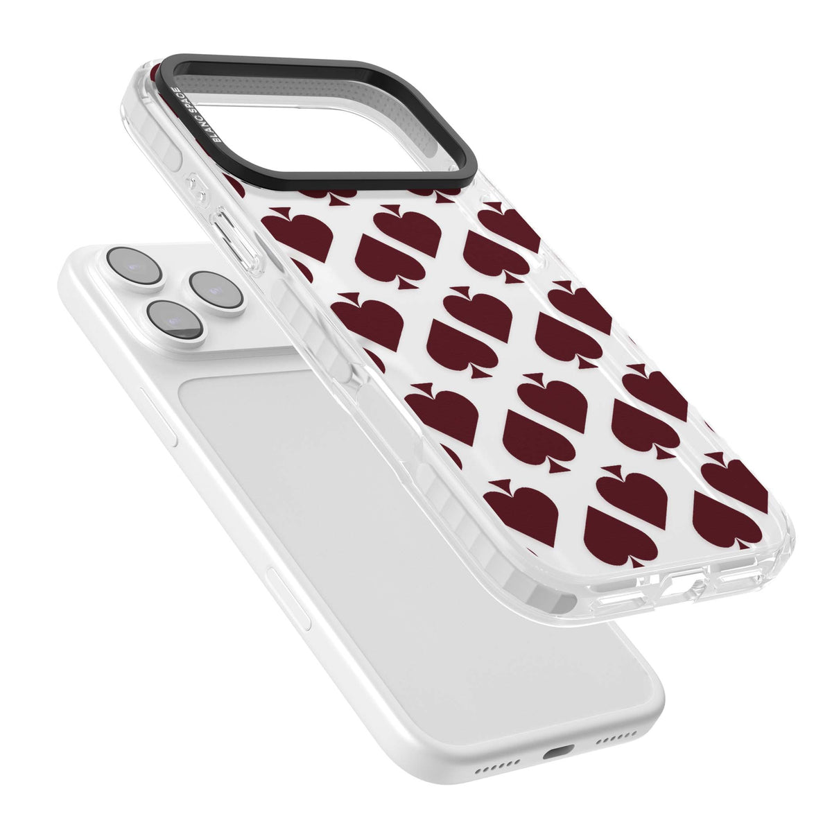 Burgundy Suits vintage playing cards iPhone case featuring repeating hearts and spades in deep wine red | Black Impact case for iPhone 17 Pro, iPhone 17 Pro Max